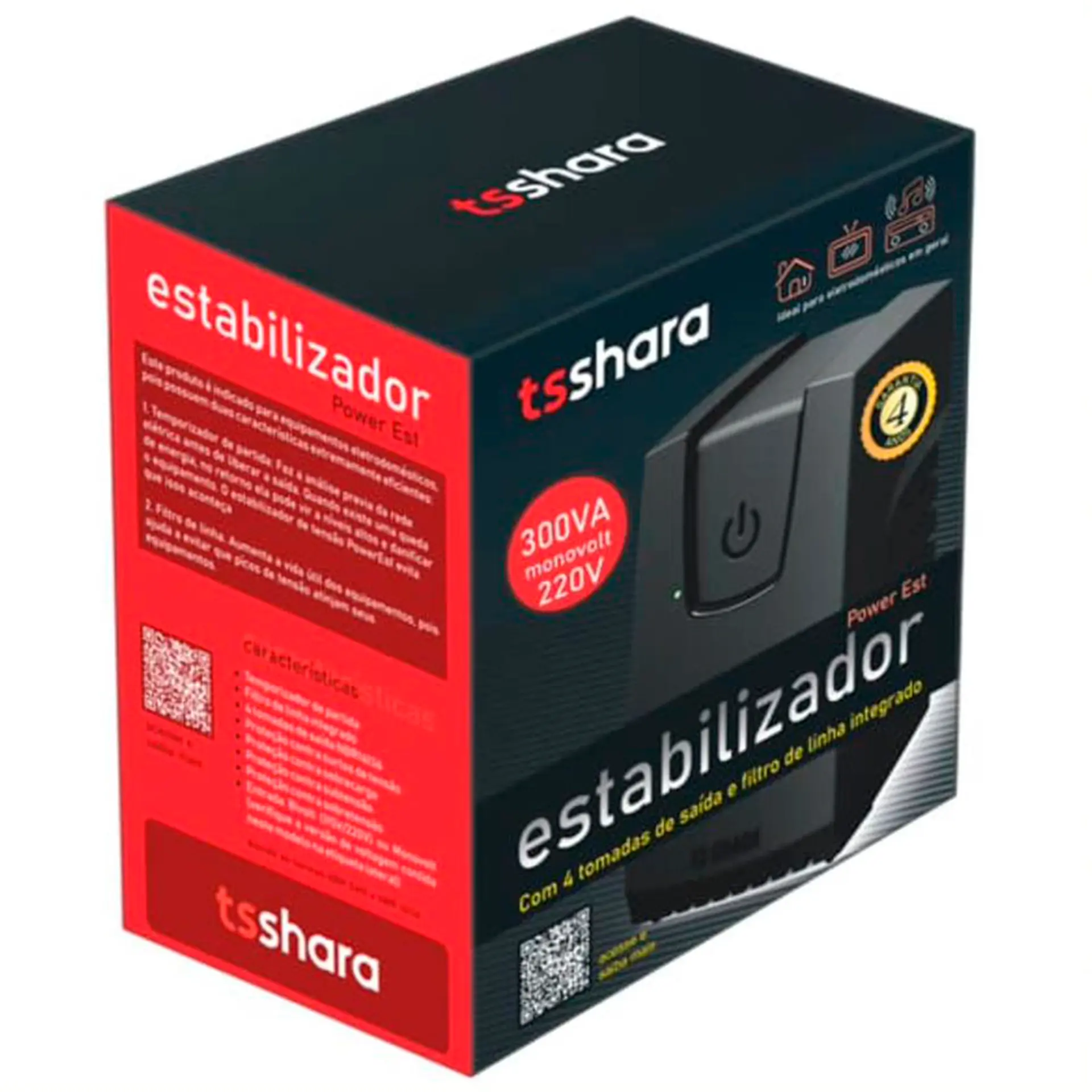 Estabilizador TS Shara Powerest 300VA 4 Tomadas Monovolt 9119 - Preto - 220 Volts