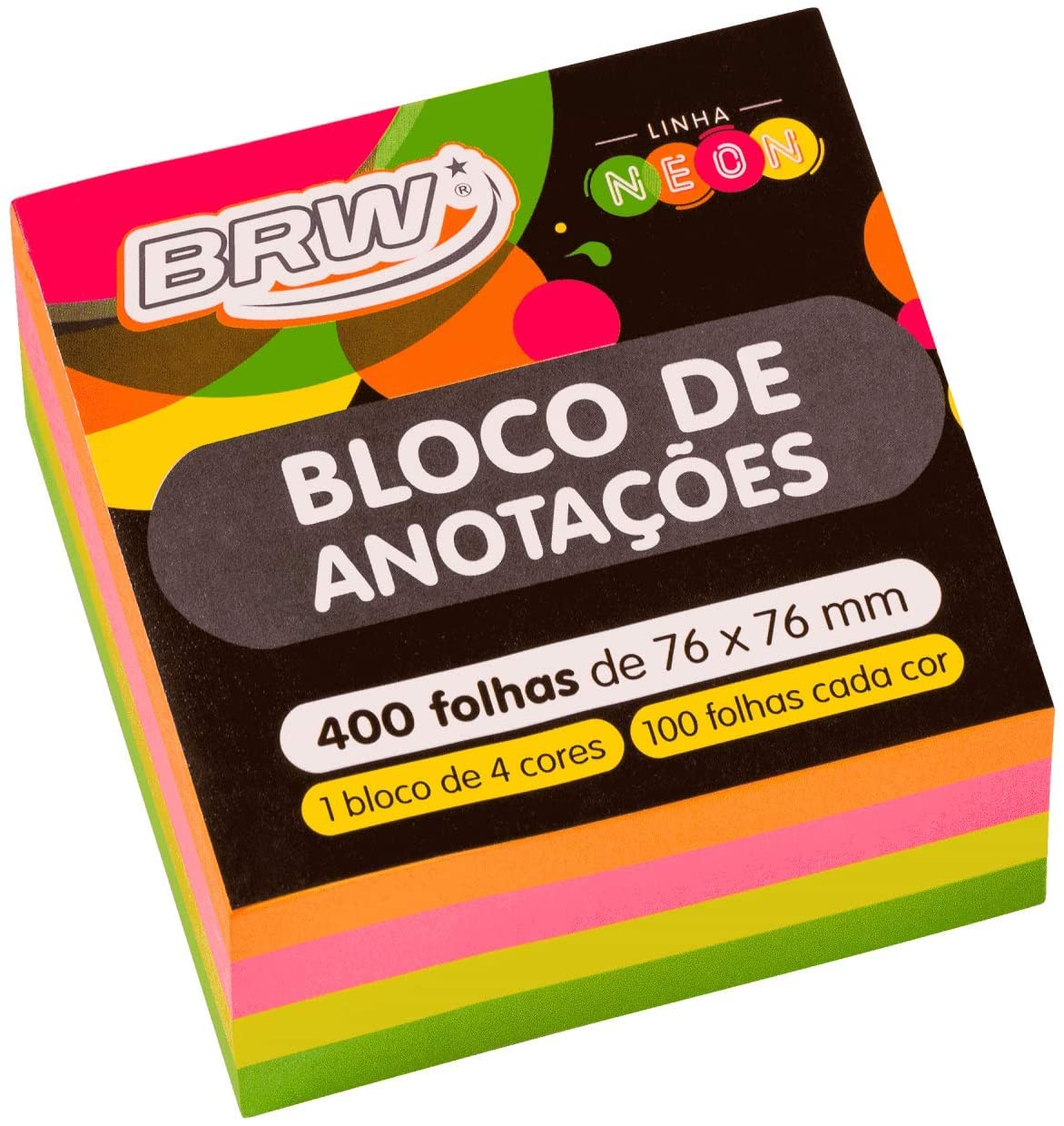 Bloco Adesivo BRW 76x76 com 400 Folhas Neon Cubo