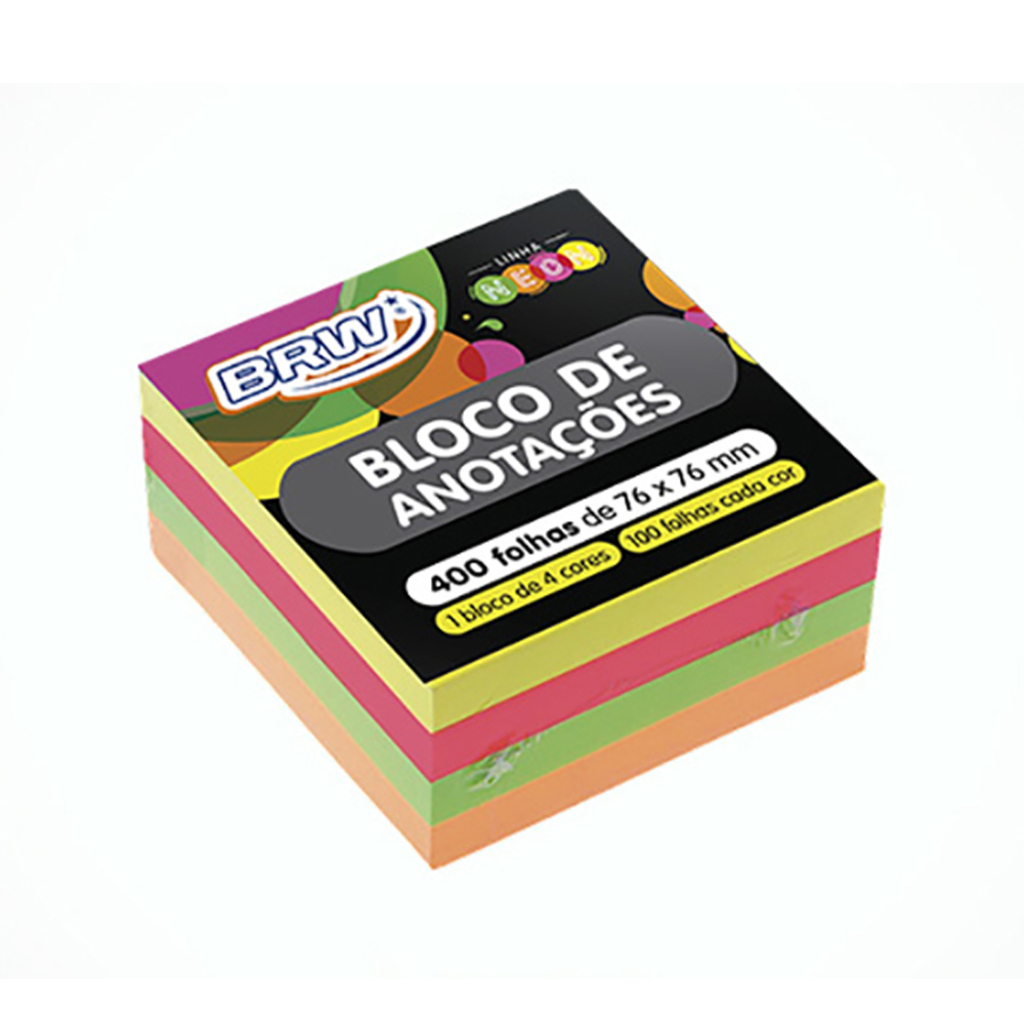 Bloco Adesivo BRW 76x76 com 400 Folhas Neon Cubo