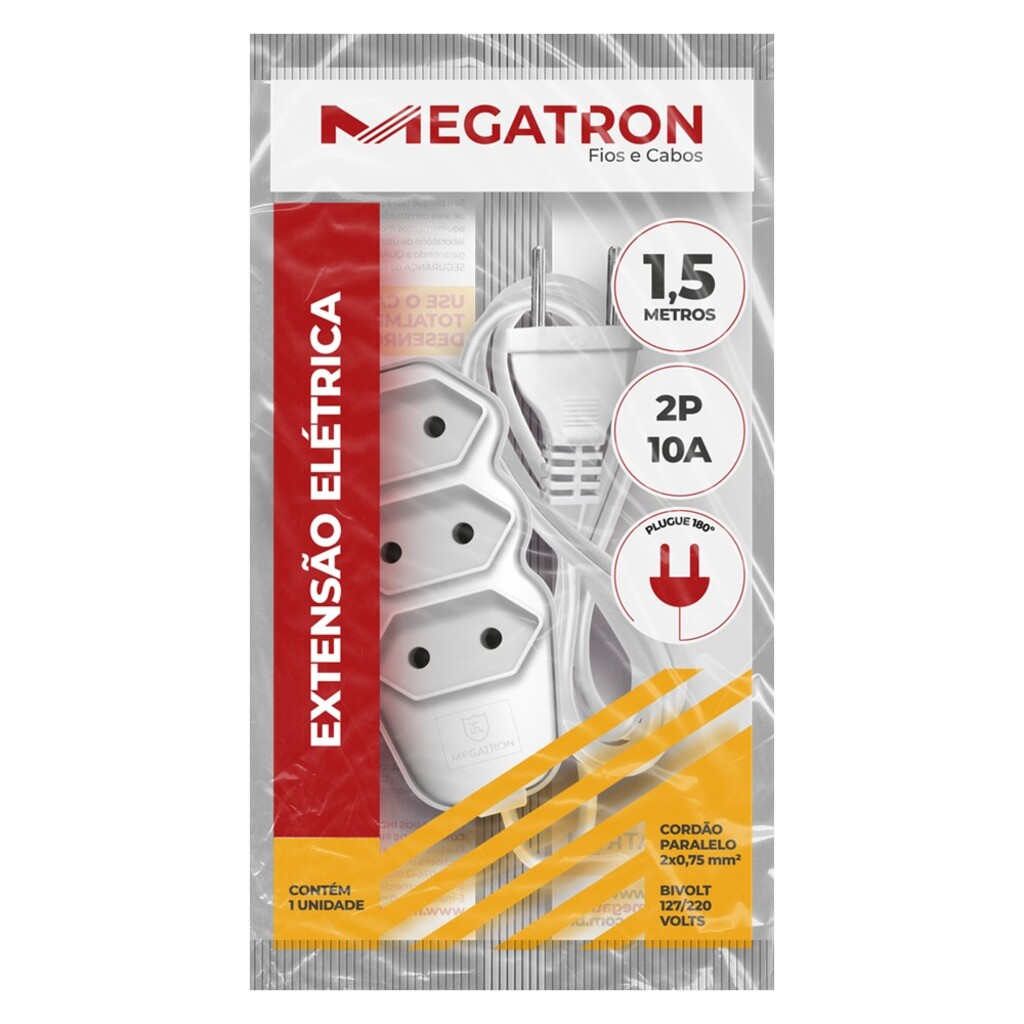 Cabo de Extensão 3 Tomadas Megatron 10A 1,5 Metros Bipolar Branco - 93