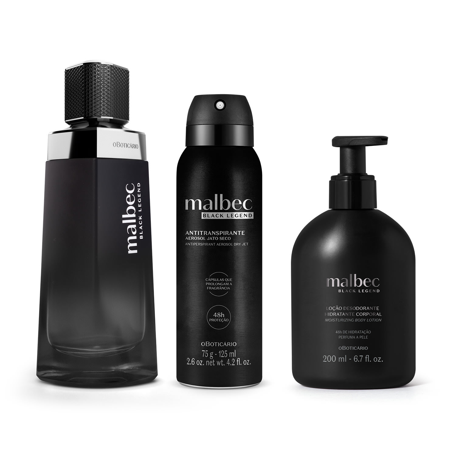 Combo Malbec Black Legend: Desodorante Colônia 100ml + Loção Corporal 200ml + Desodorante Antitranspirante 75g/ 125ml