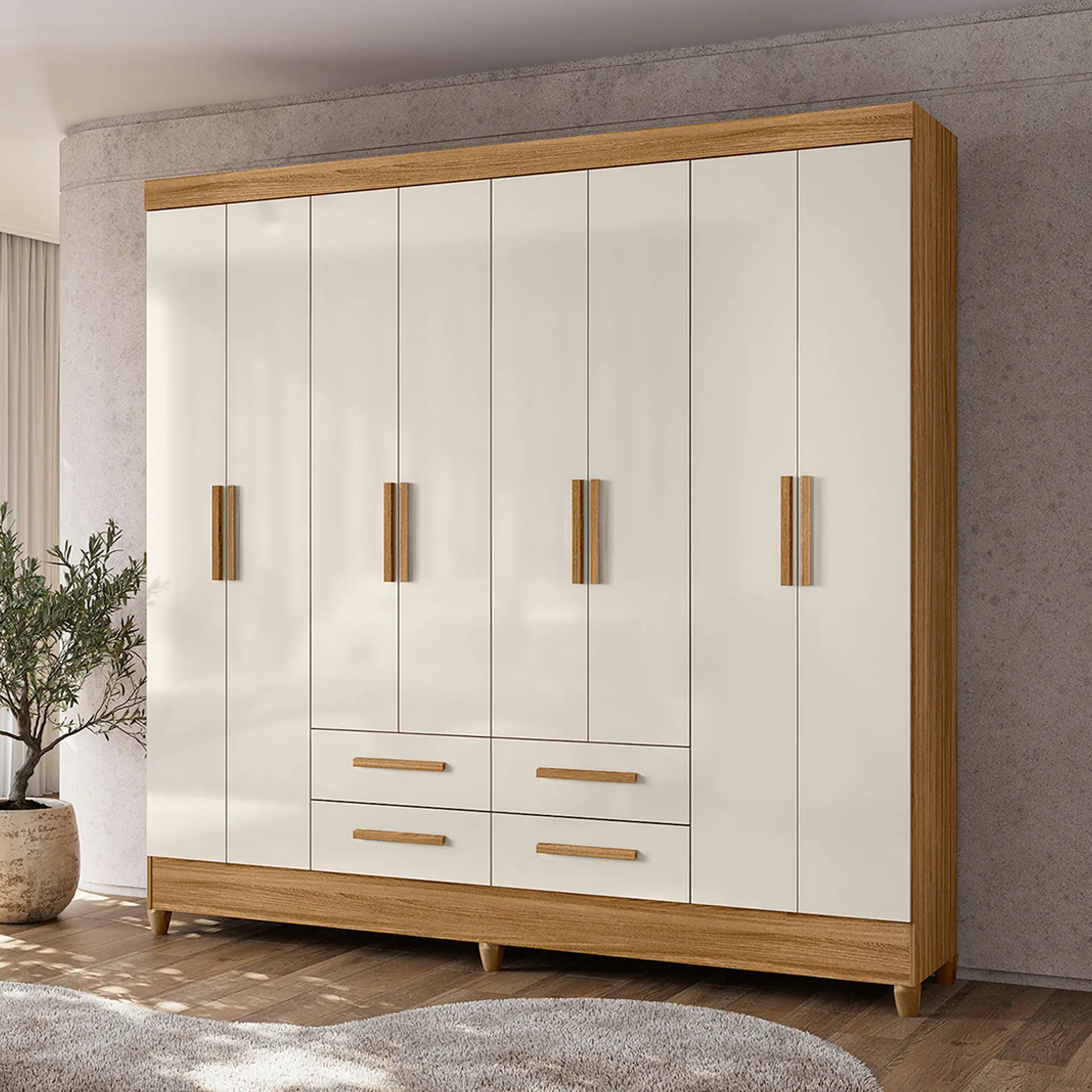 Guarda-Roupa Casal 8 Portas Bater 4 Gavetas Flórida Moval Roupeiro - Freijo/Off White