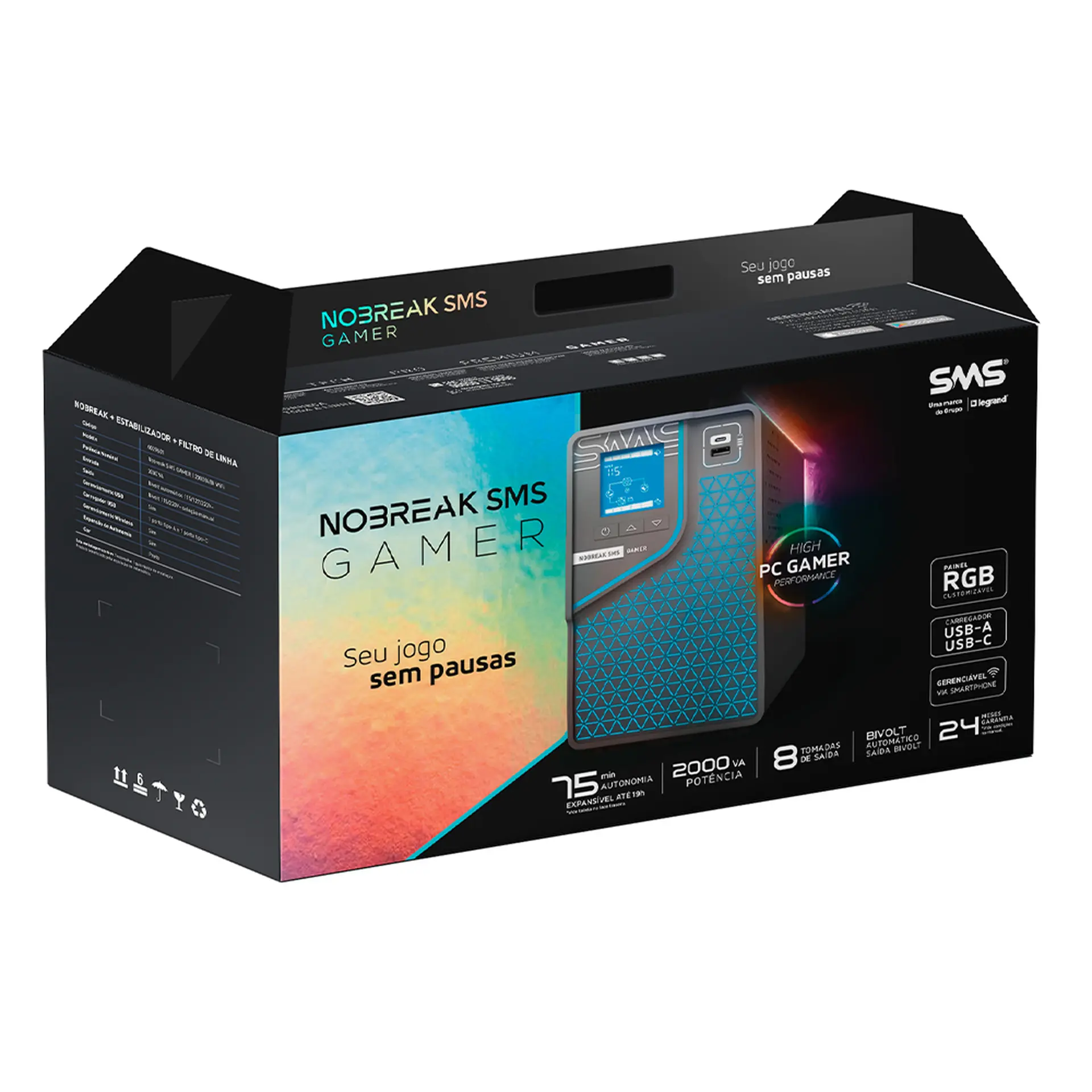Nobreak SMS Gamer 2000VA BI 8 Tomadas com WIFI 0029601 - Preto - Bivolt