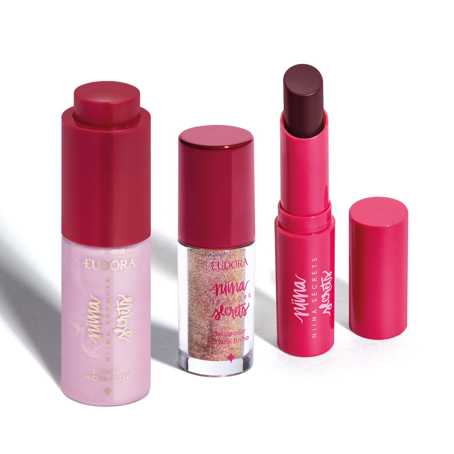 Combo Niina Secrets: Delineador Crystal Brilho Rose Gold 3g + Hidra Balm Vinho 3,2g + Primer Hidra Glow 16ml