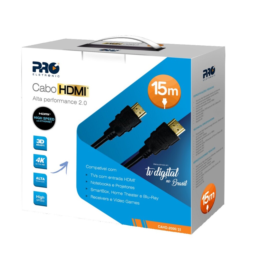 Cabo HDMI Macho x Macho 2.0 3D 4K 19 Pinos 15,0 Metros - Proeletronic - CAHD-2000/15