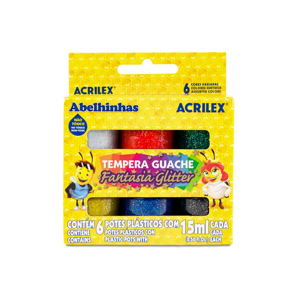 Tinta Guache Acrilex Tempera Guache Fantasia Glitter com 6 Cores 15ml