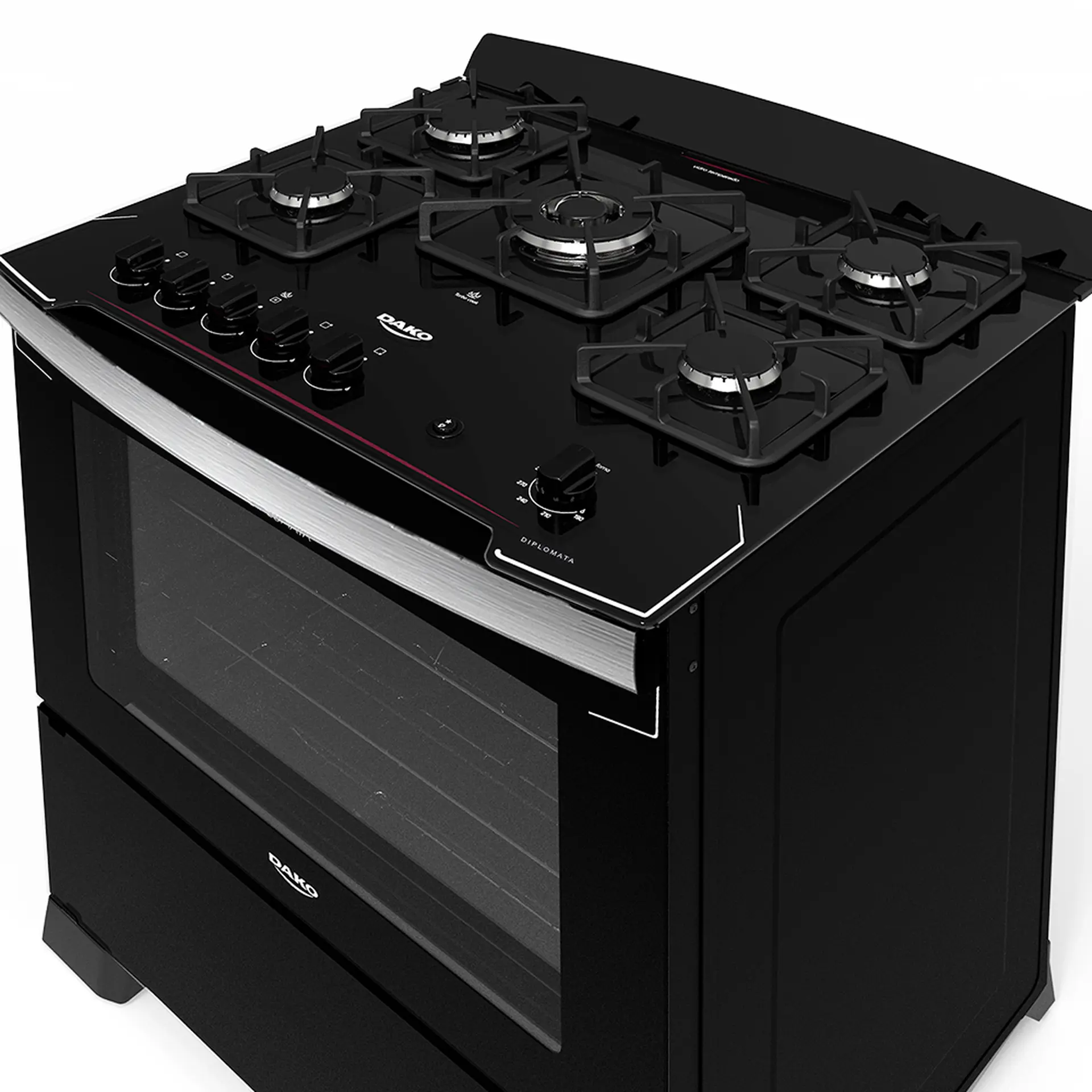 Fogão Dako Diplomata 5 Bocas Automático Mesa de Vidro Tripla Chama - Preto - Bivolt
