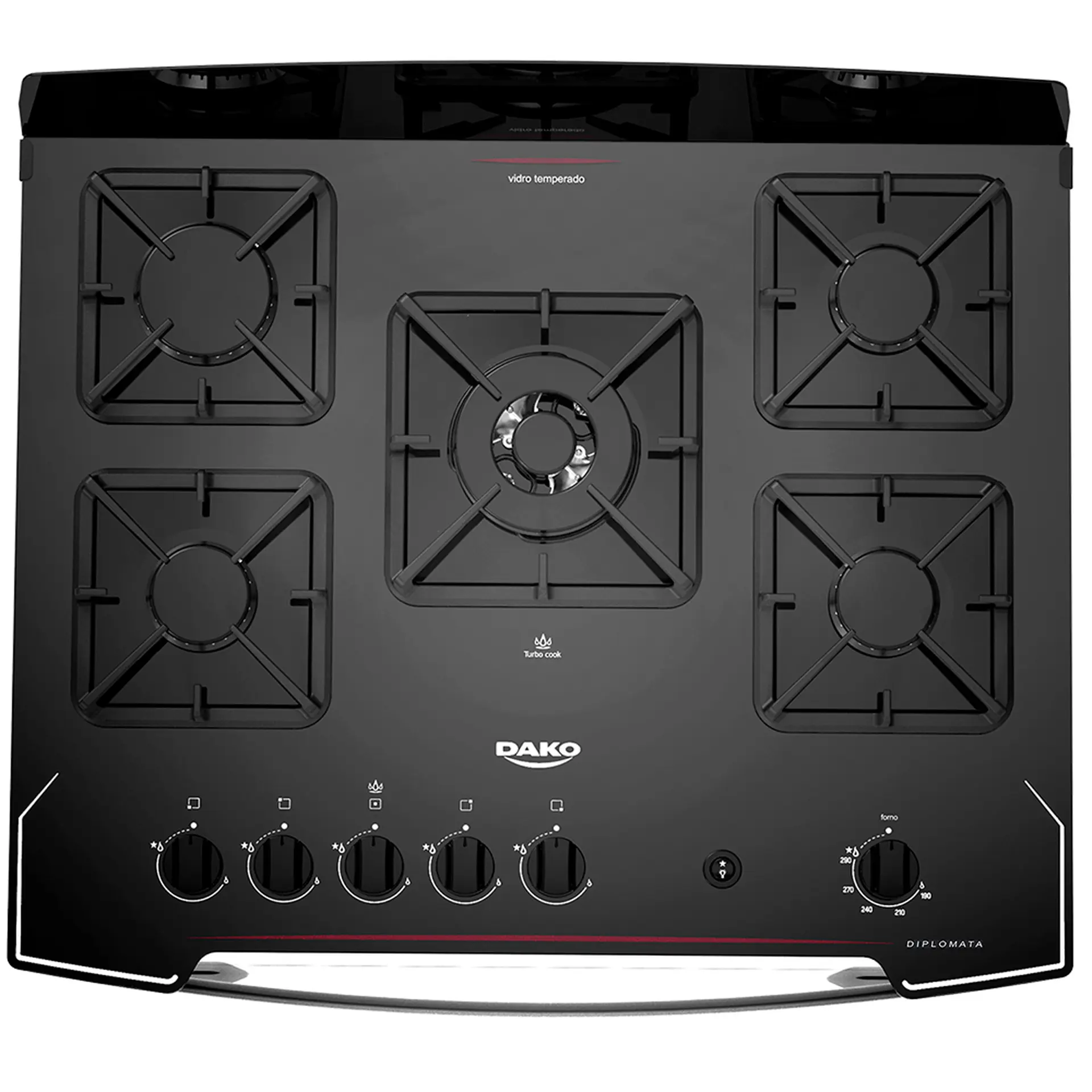 Fogão Dako Diplomata 5 Bocas Automático Mesa de Vidro Tripla Chama - Preto - Bivolt