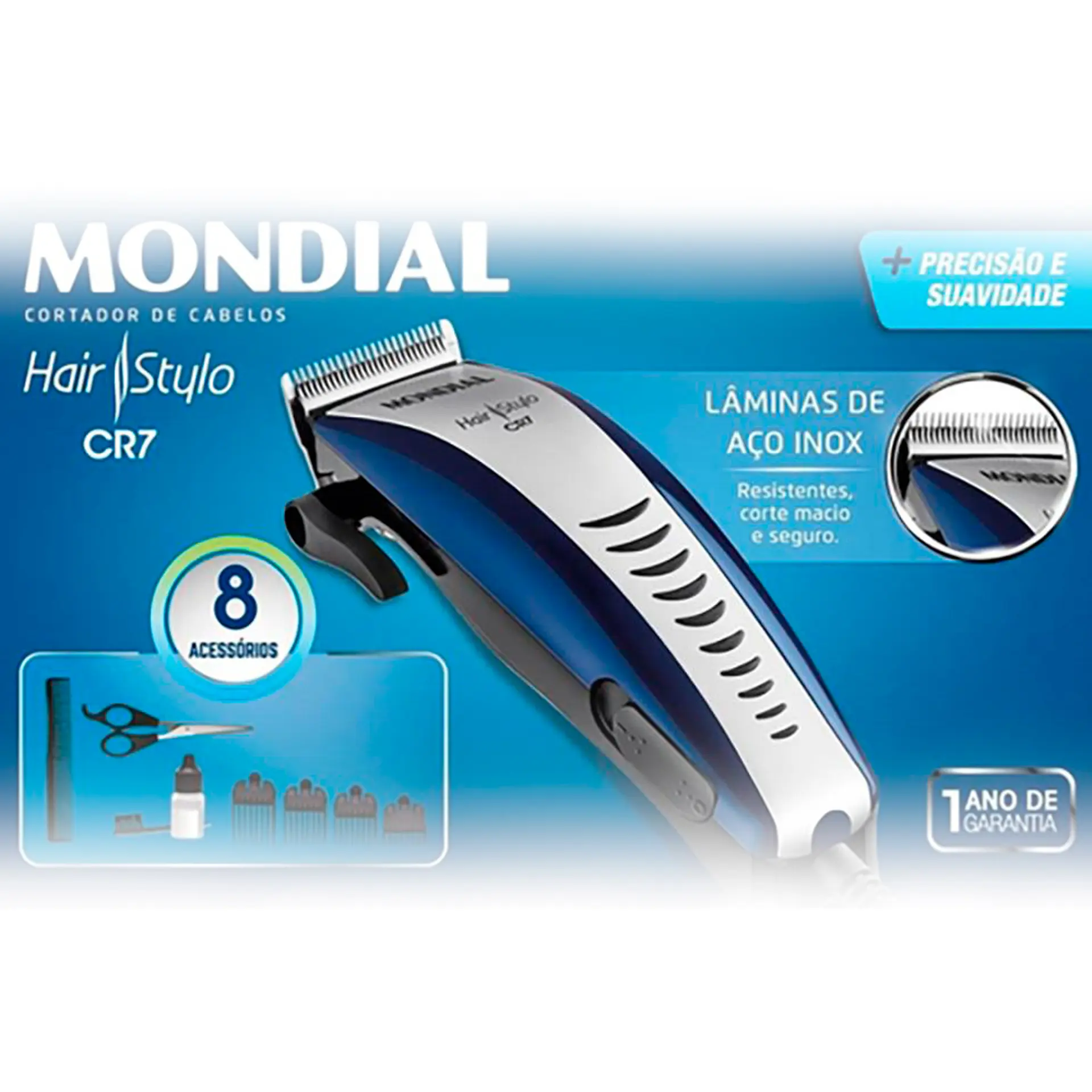 Máquina de Cortar Cabelo Mondial CR07 4 Pentes Com Fio - Azul/Prata - 110 Volts