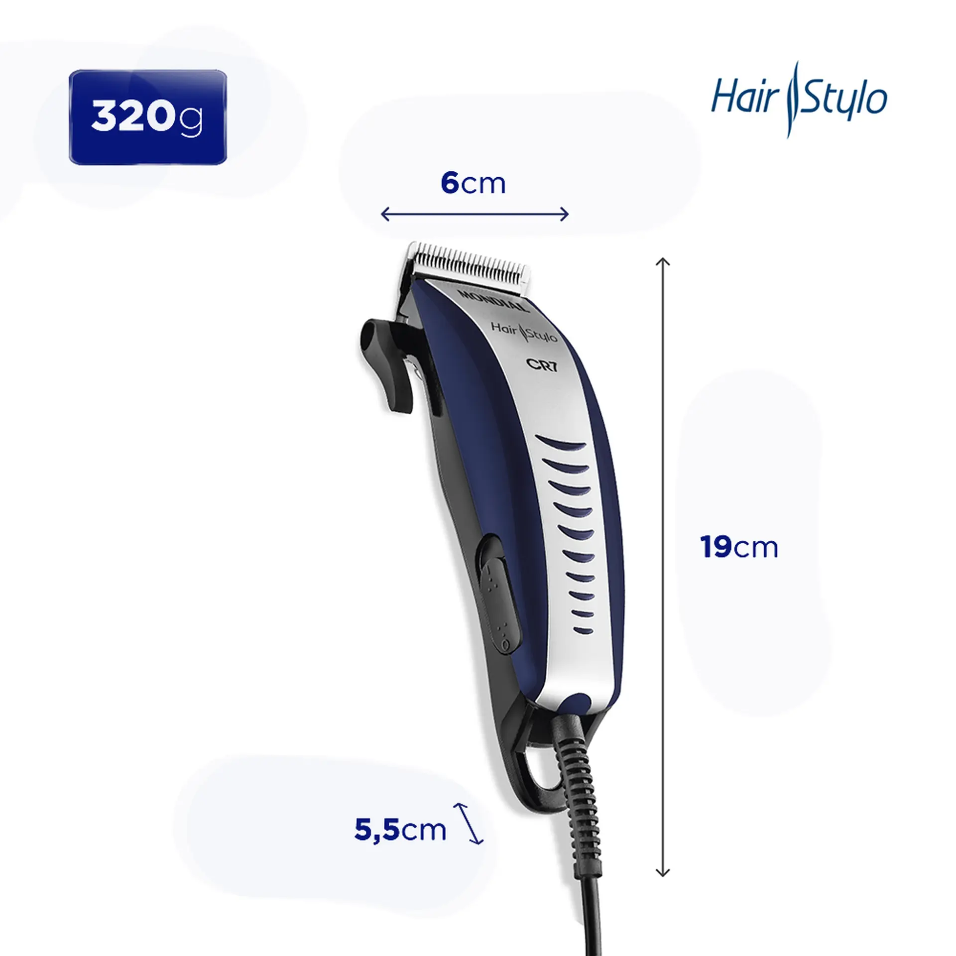 Máquina de Cortar Cabelo Mondial CR07 4 Pentes Com Fio - Azul/Prata - 110 Volts
