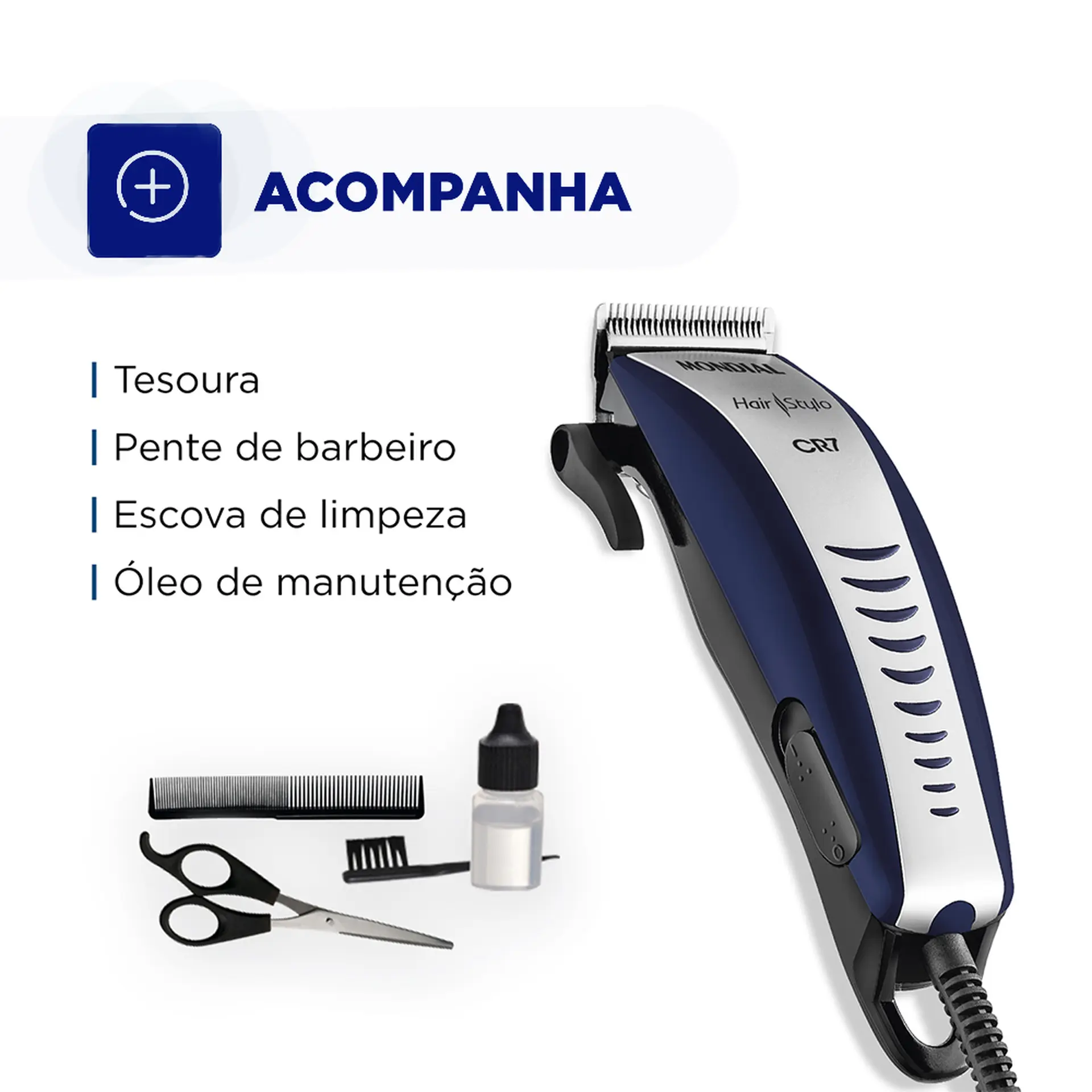 Máquina de Cortar Cabelo Mondial CR07 4 Pentes Com Fio - Azul/Prata - 110 Volts