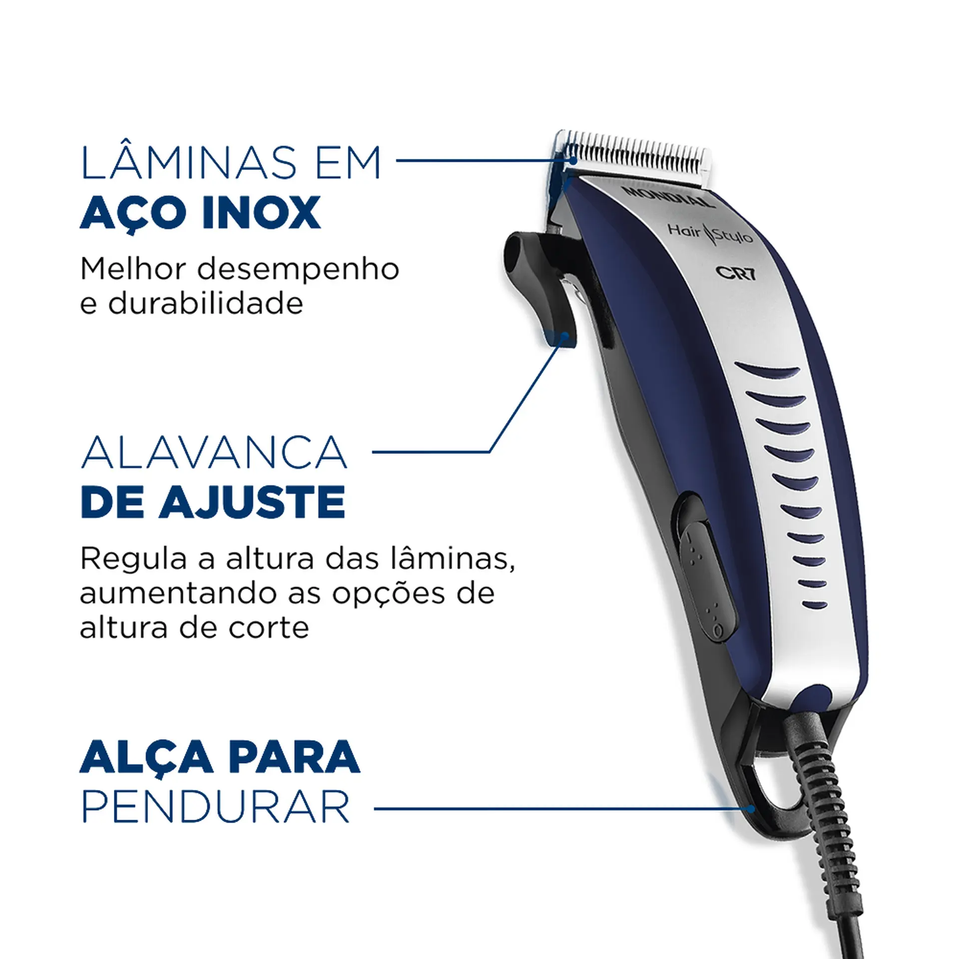 Máquina de Cortar Cabelo Mondial CR07 4 Pentes Com Fio - Azul/Prata - 110 Volts