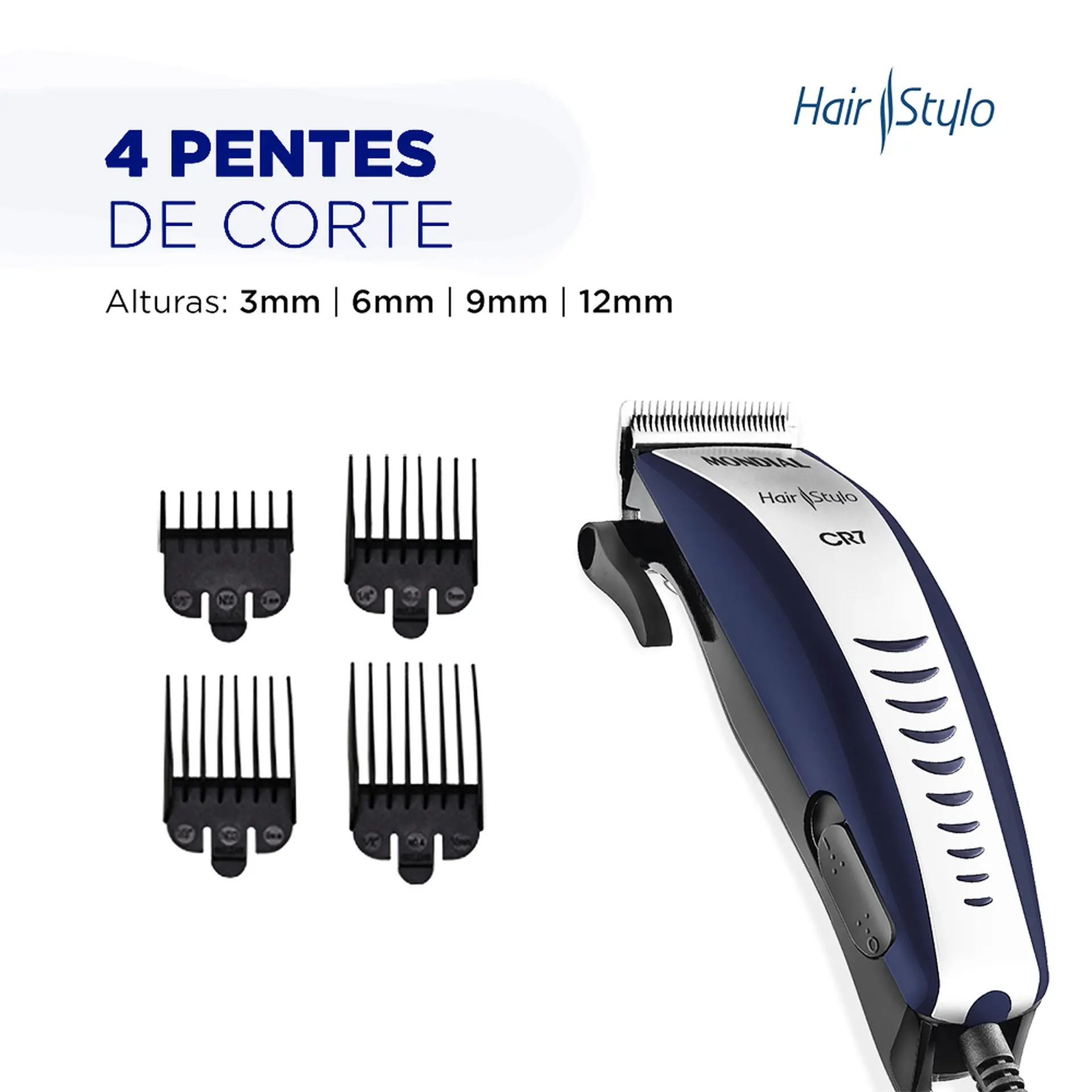 Máquina de Cortar Cabelo Mondial CR07 4 Pentes Com Fio - Azul/Prata - 110 Volts