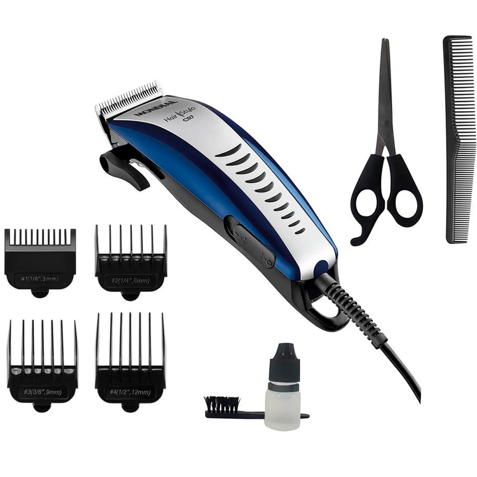 Máquina de Cortar Cabelo Mondial CR07 4 Pentes Com Fio - Azul/Prata - 110 Volts