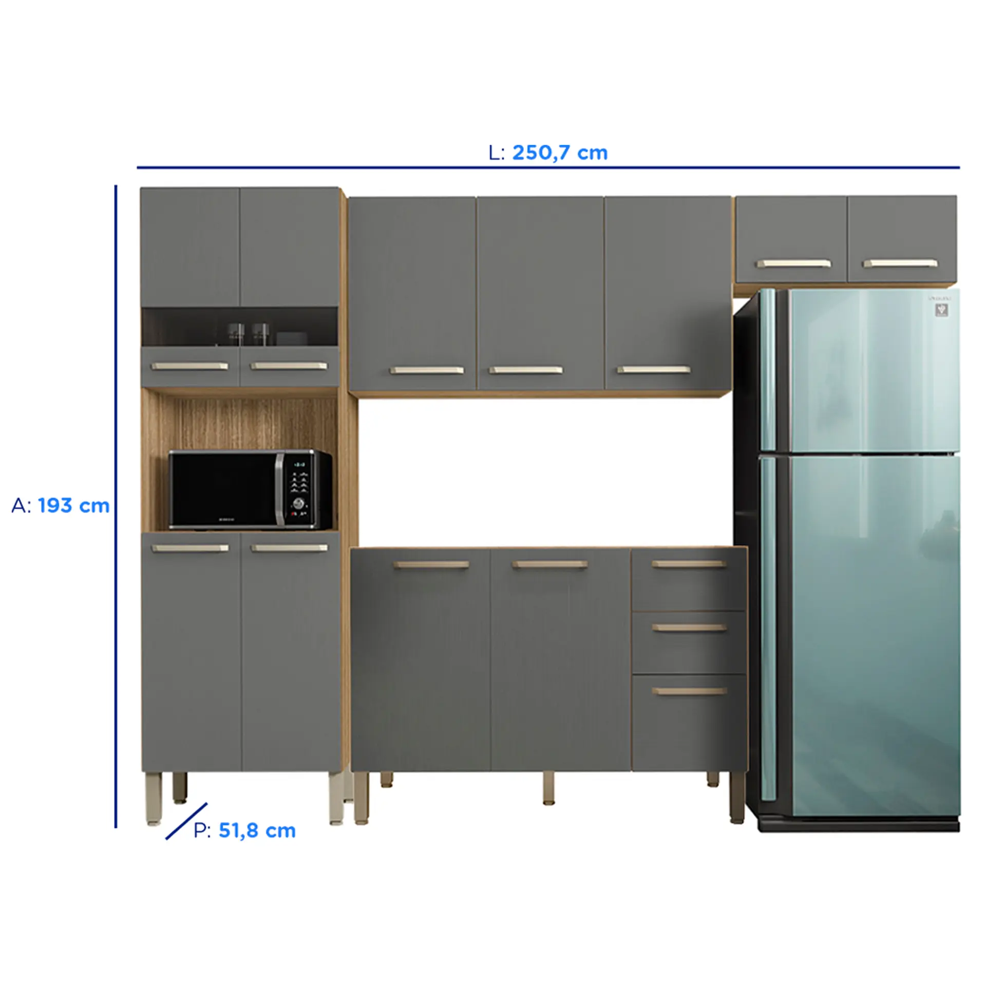 Cozinha Modulada 4 Peças 12 Portas 2 Gavetas Versalhes Kit's Paraná - Freijo gris