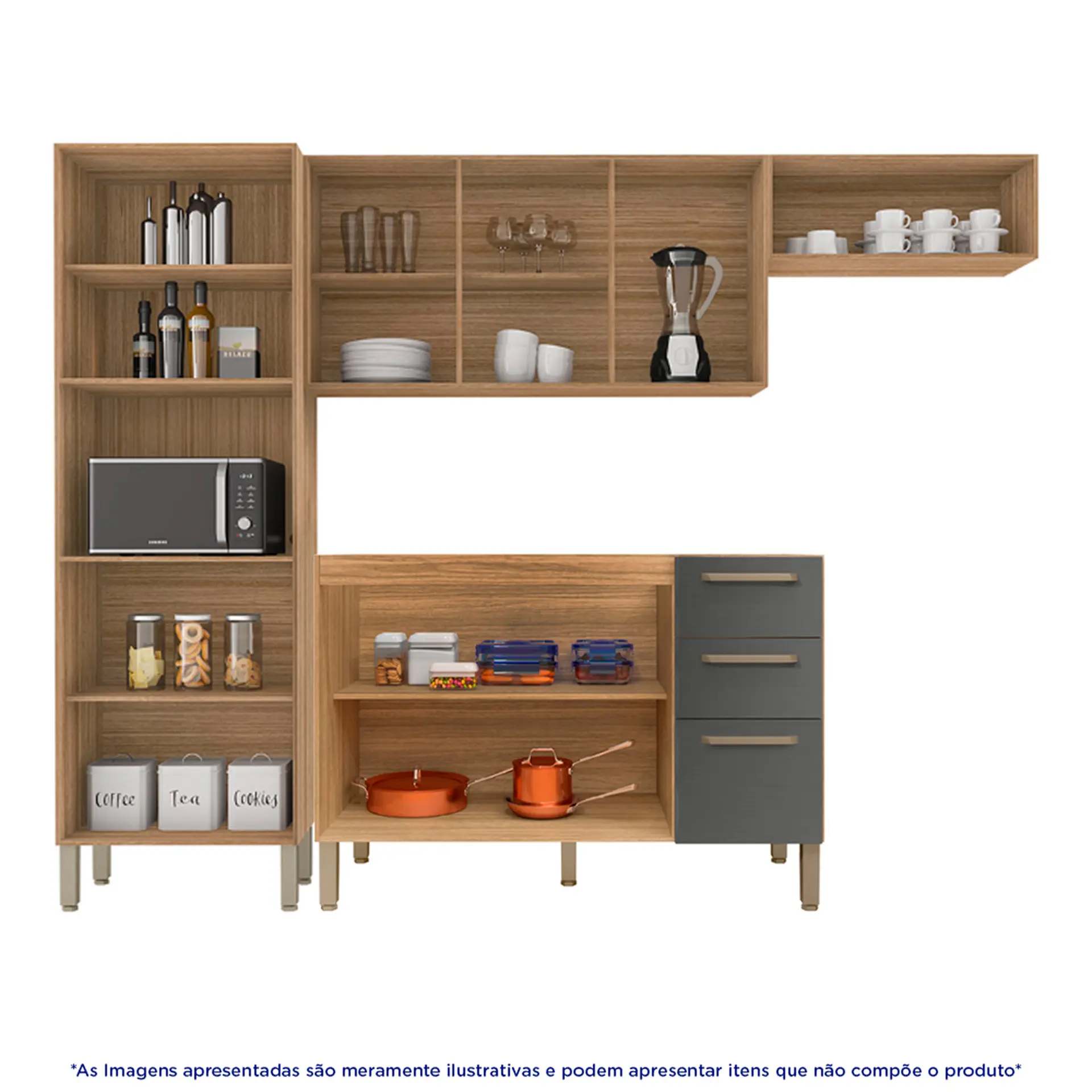 Cozinha Modulada 4 Peças 12 Portas 2 Gavetas Versalhes Kit's Paraná - Freijo gris
