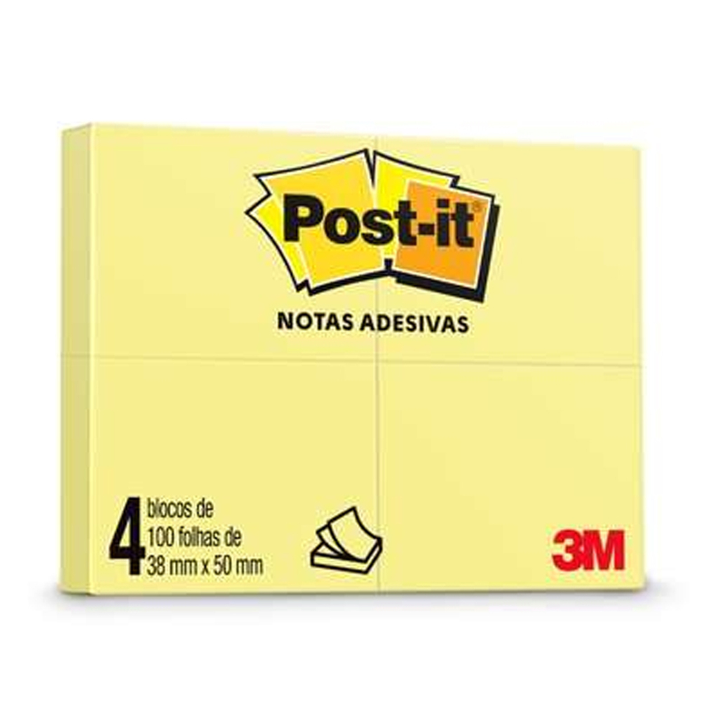 Bloco de Notas Adesivo 38x50mm com 4 Blocos de 100 Folhas Amarelo - Post-it - 3M - HB004088165