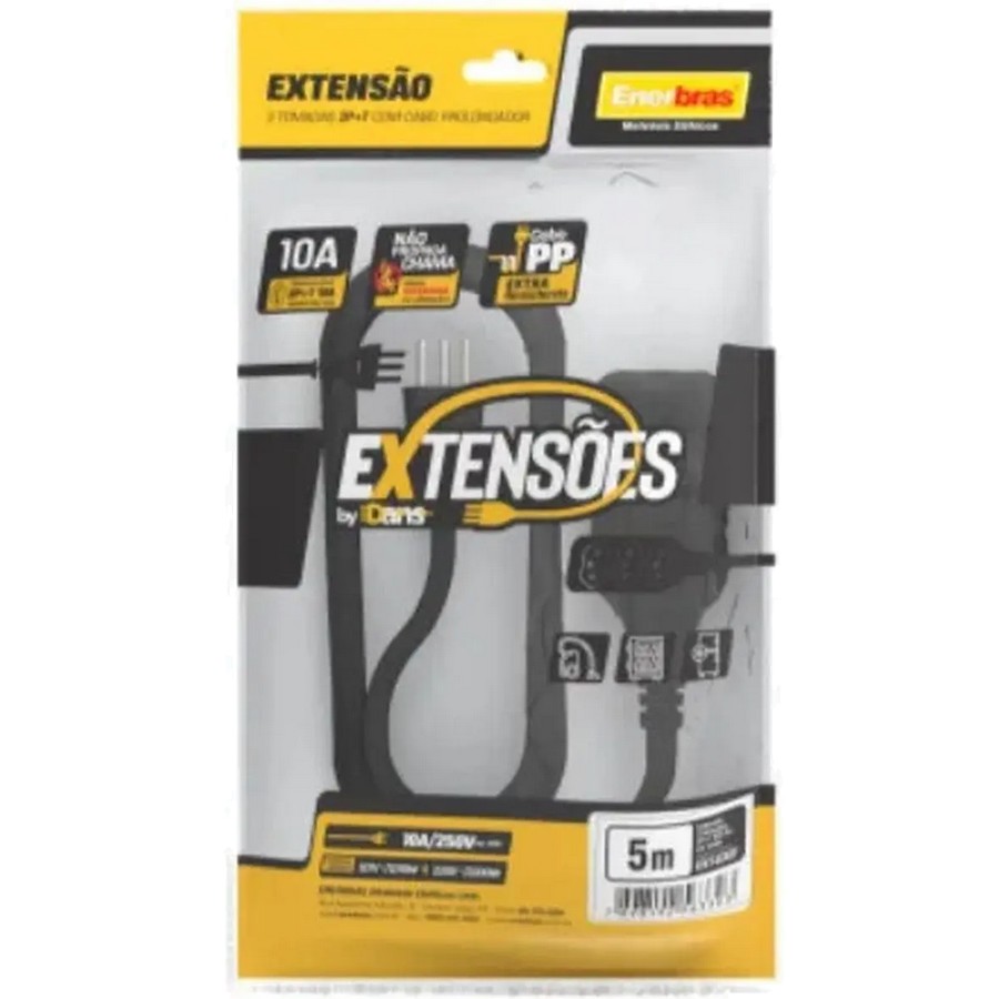 Cabo de Extensão 3 Tomadas Enerbras 10A 5m Tripolar Preto EXTE007