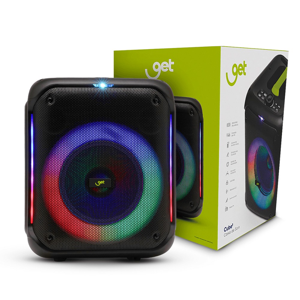 Caixa de Som Amplificada GT Cube 2 250W RMS TWS Bluetooth USB Cartão de memória Rádio FM Entrada Auxiliar Goldentec Get 67699