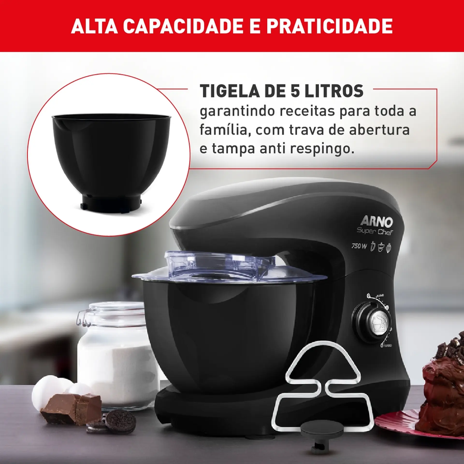 Batedeira Planetária Arno Super Chef 15 Velocidades 750W 1 Tigela - Preto - 110 Volts