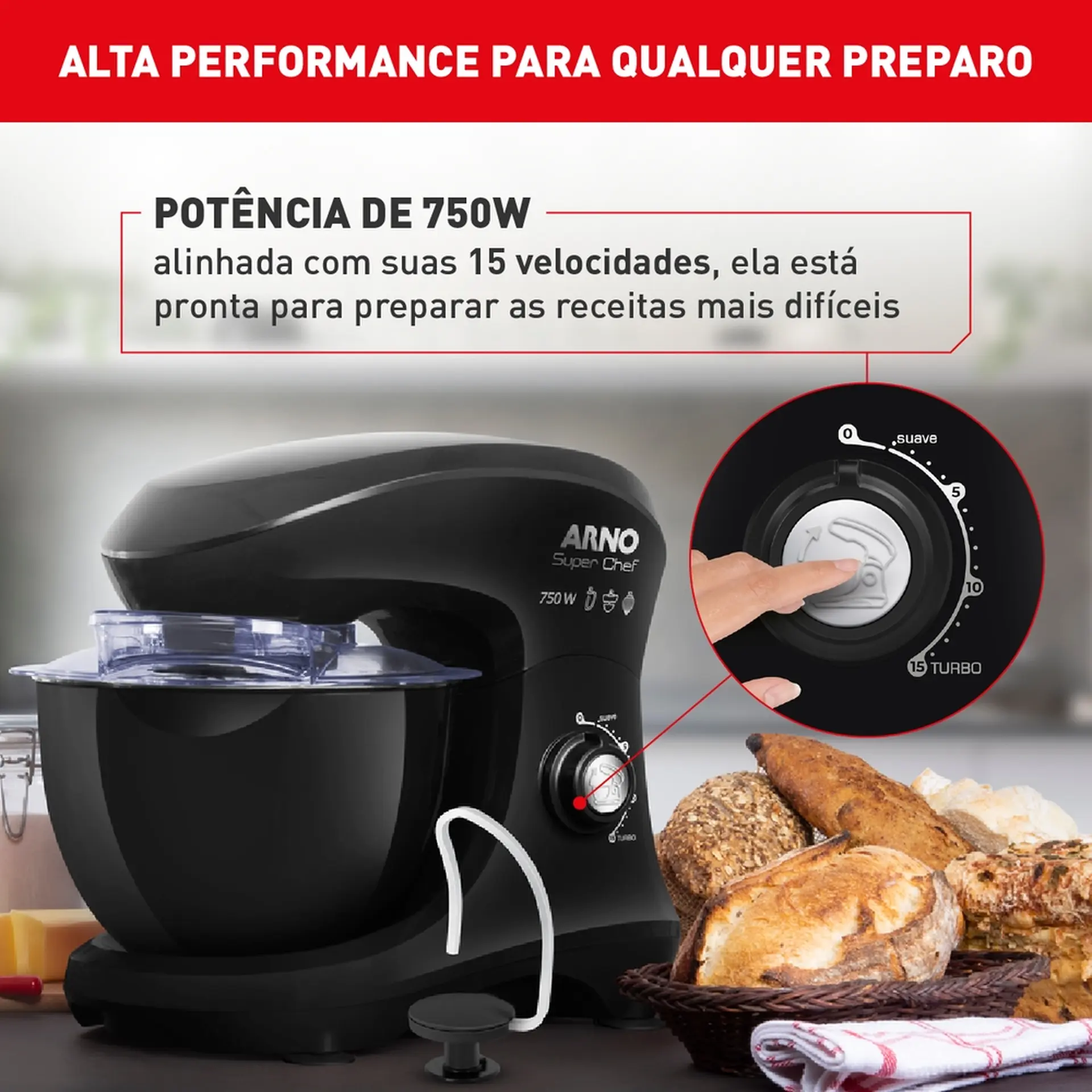 Batedeira Planetária Arno Super Chef 15 Velocidades 750W 1 Tigela - Preto - 110 Volts
