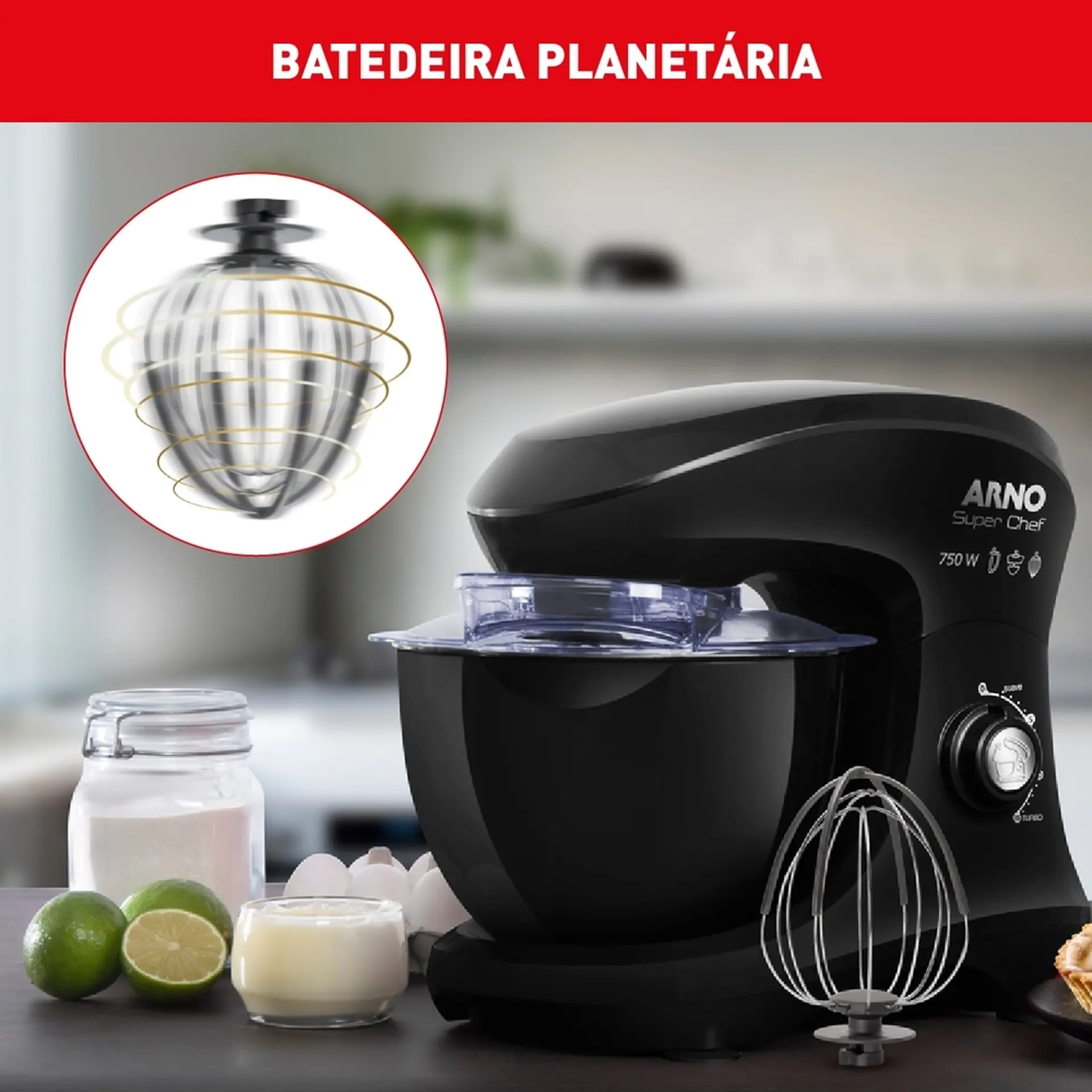 Batedeira Planetária Arno Super Chef 15 Velocidades 750W 1 Tigela - Preto - 110 Volts