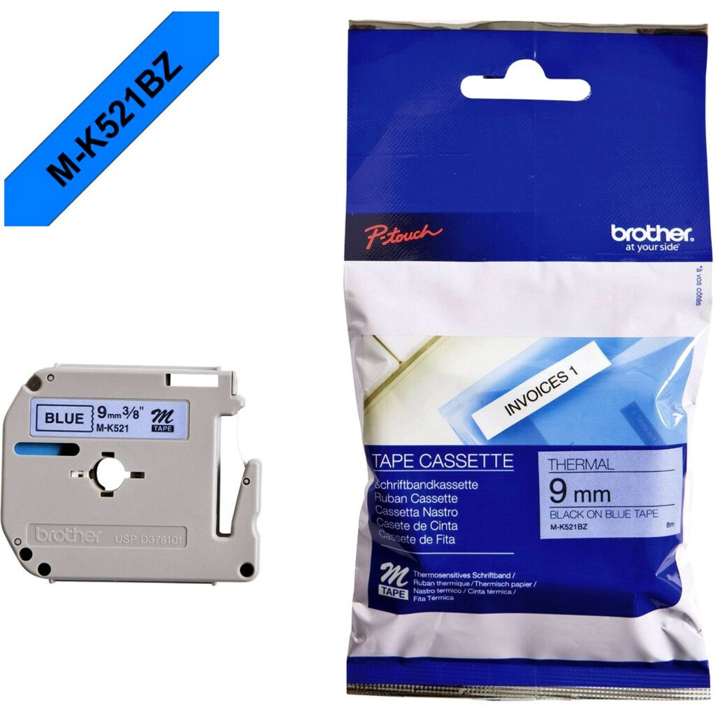 Fita Rotuladora Brother M-K521BZ Original 9 mm 8 Metros Preto no Azul - M-K521BZ