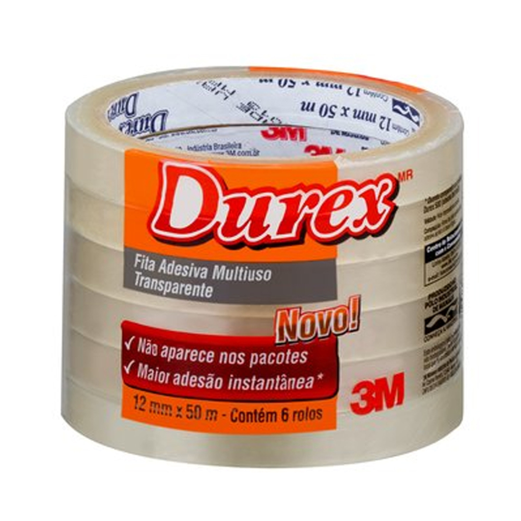 Fita Adesiva Transparente 12mm x 50 Metros Durex Pacote com 06 Unidades - 3M - HB004159388