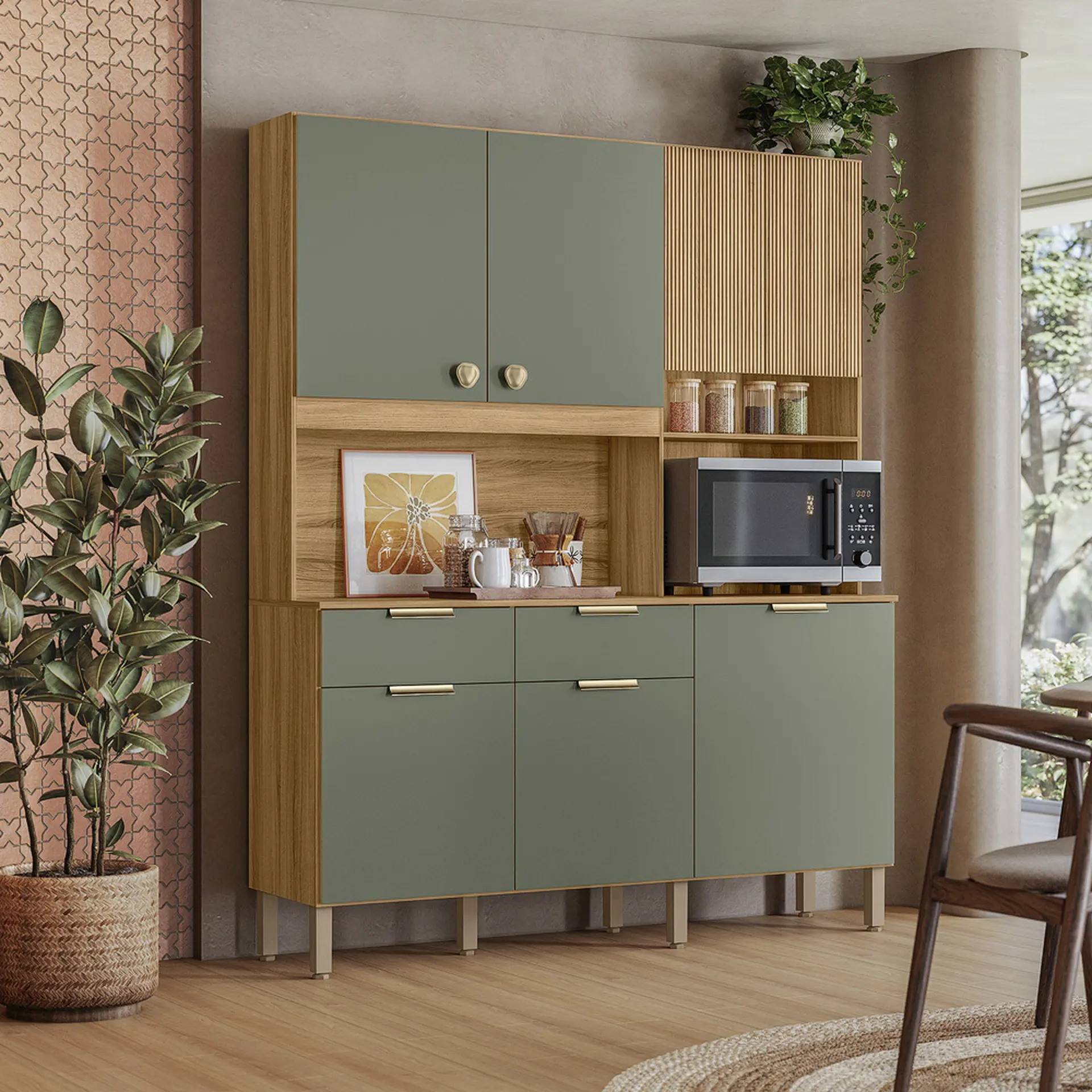 Cozinha Compacta 7 Portas 2 Gavetas em MDP Tropical Nicioli - Freijo/Verde/Ripado