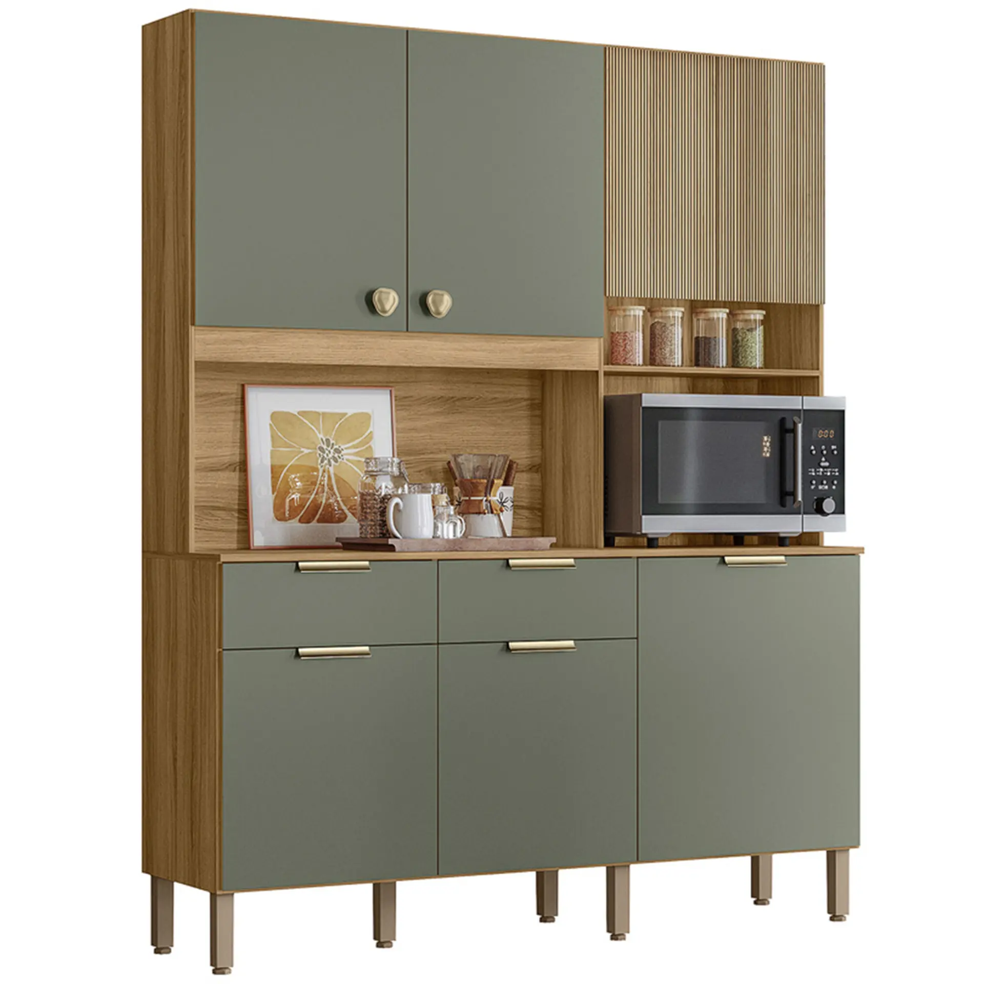 Cozinha Compacta 7 Portas 2 Gavetas em MDP Tropical Nicioli - Freijo/Verde/Ripado
