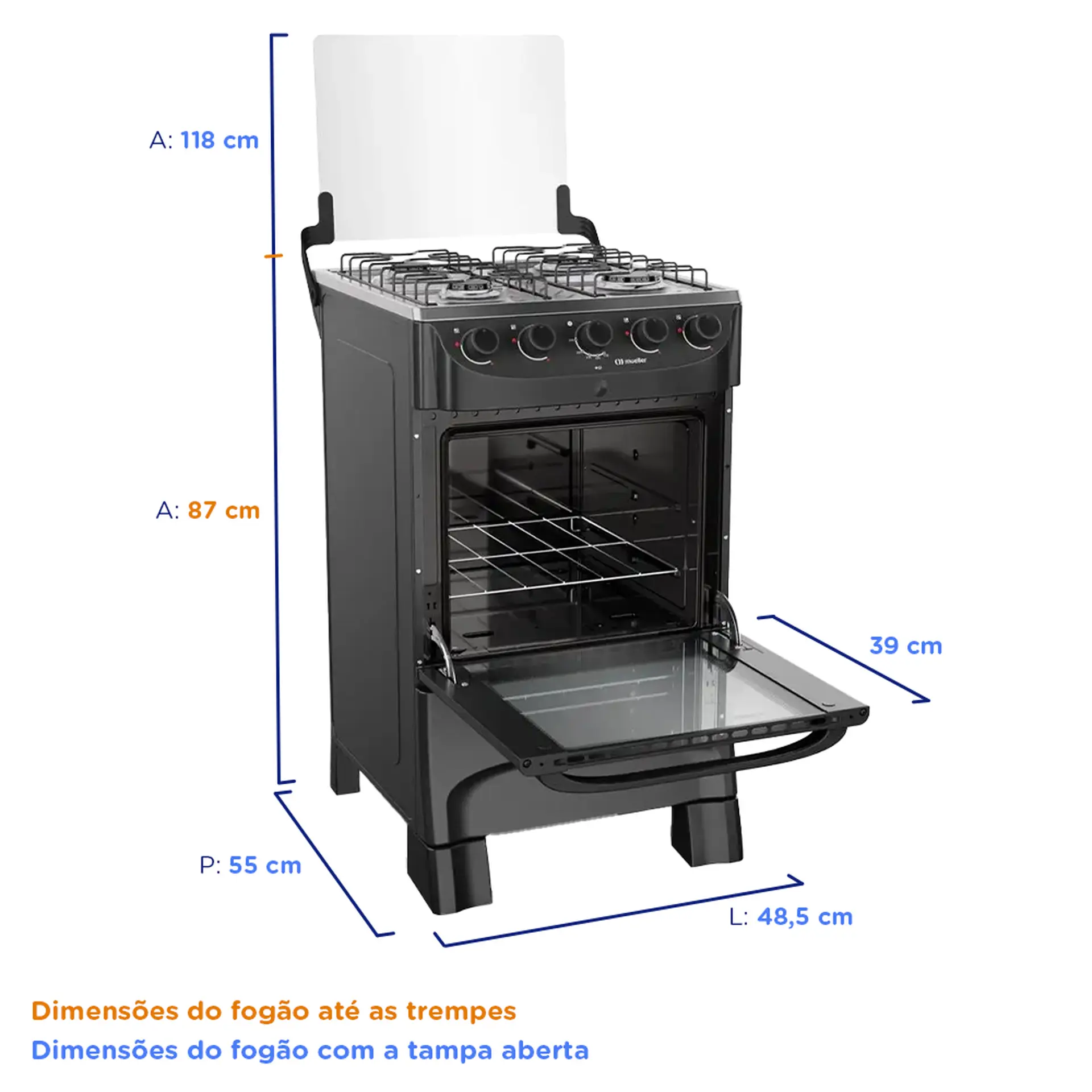 Fogão Mueller MFI4BB 4 Bocas Automático Mesa de Inox Forno 48,1L - Preto Fosco - Bivolt