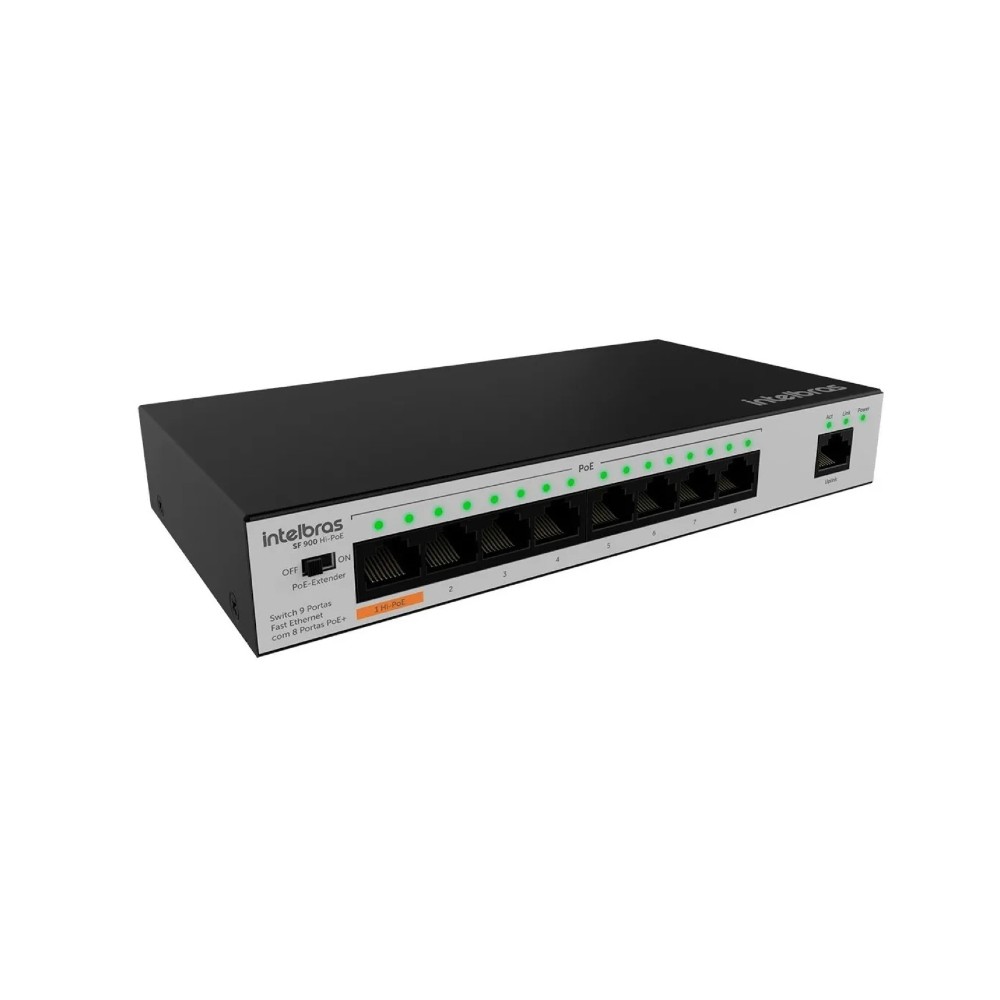 Switch 9 Portas Fast Ethernet 8 Portas PoE+ SF 900 Hi-PoE Intelbras