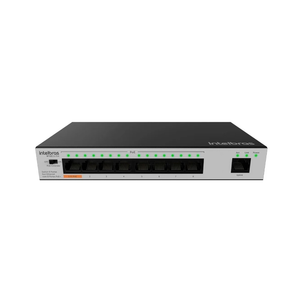 Switch 9 Portas Fast Ethernet 8 Portas PoE+ SF 900 Hi-PoE Intelbras