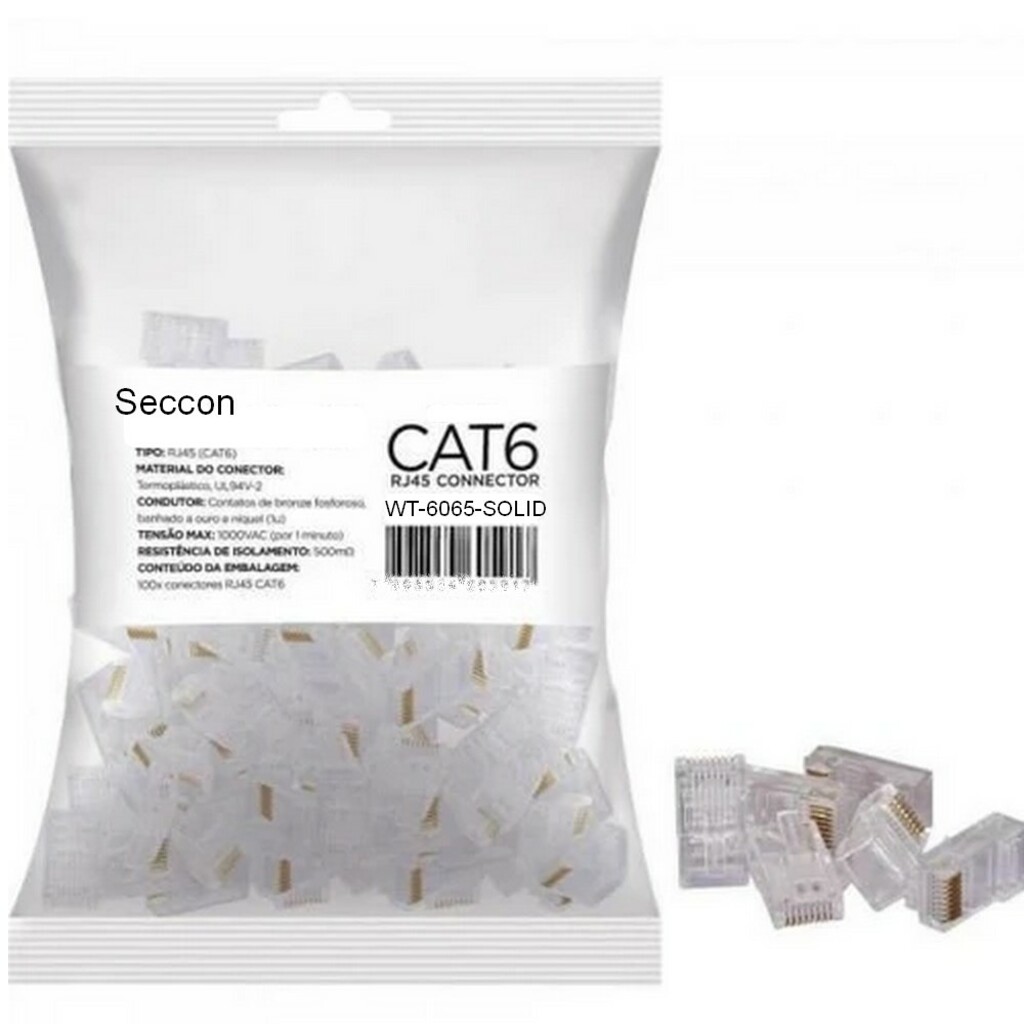 Conector RJ45 Seccon SecLan Macho 8x8 Cat.6 - WT-6065-SOLID - Pacote com 100 unidades