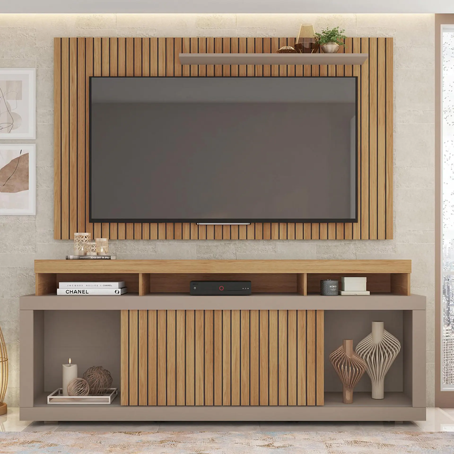 Rack com Painel Para TVs até 60" MDP 2 Portas New Oscar Caemmun - Buriti/Fendi