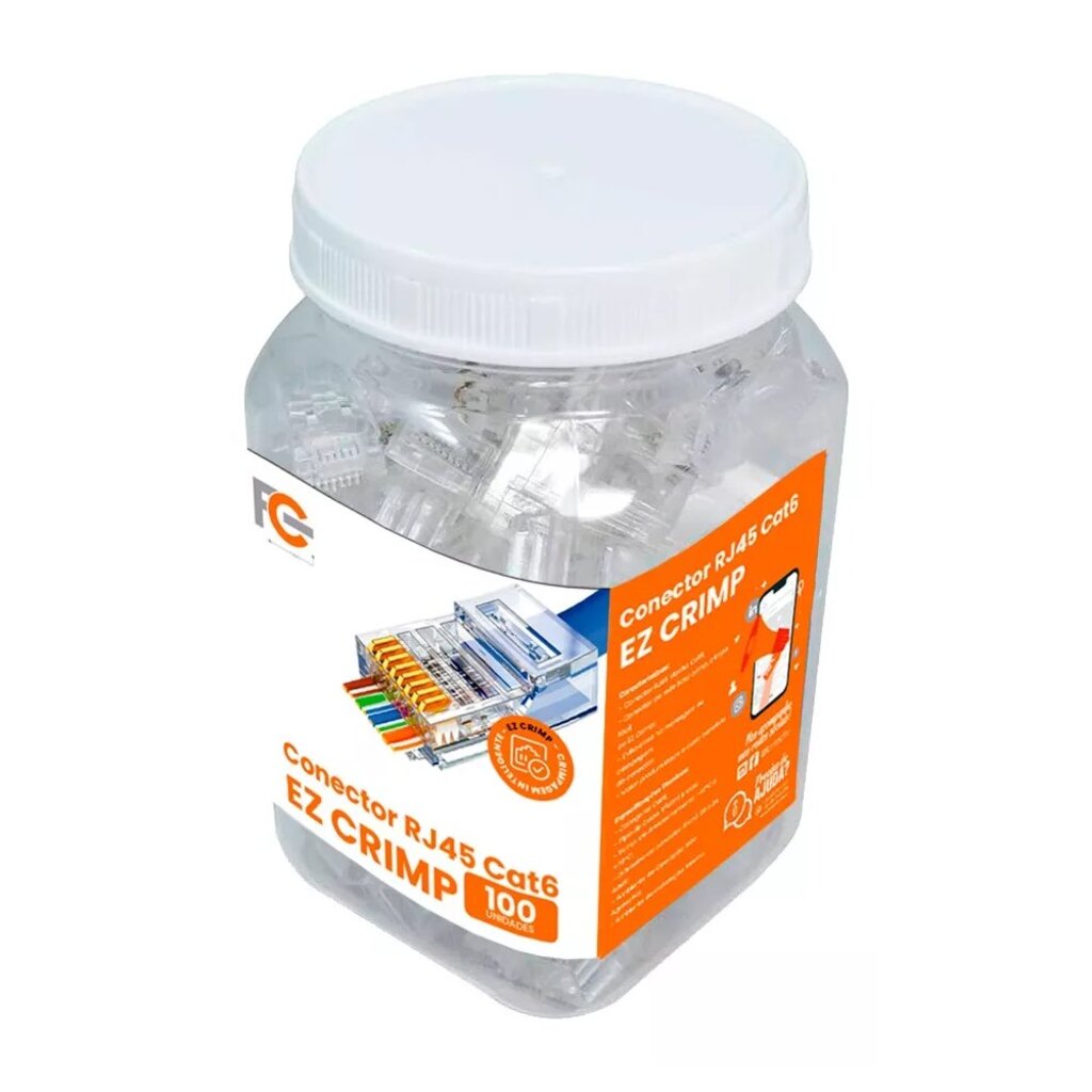 Conector RJ45 FC Fontes Macho 8x8 Cat.6  Crimp de Passagem Vazado - FCRJ45EZN - Pote com 100 unidades