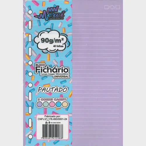 Bloco Fichário Merci Universitário Pautado com 40 Folhas Candy