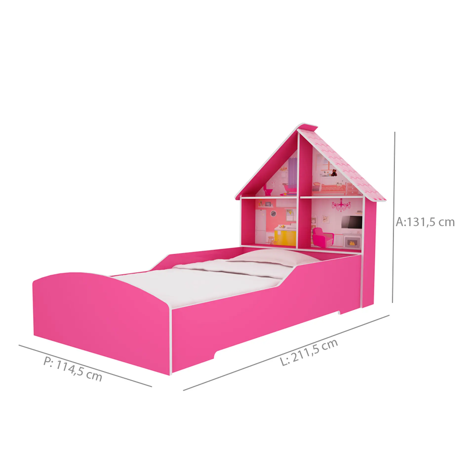 Mini-cama Infatil Casinha Gelius Proteção Lateral e Cabeceira Casinha - Pink