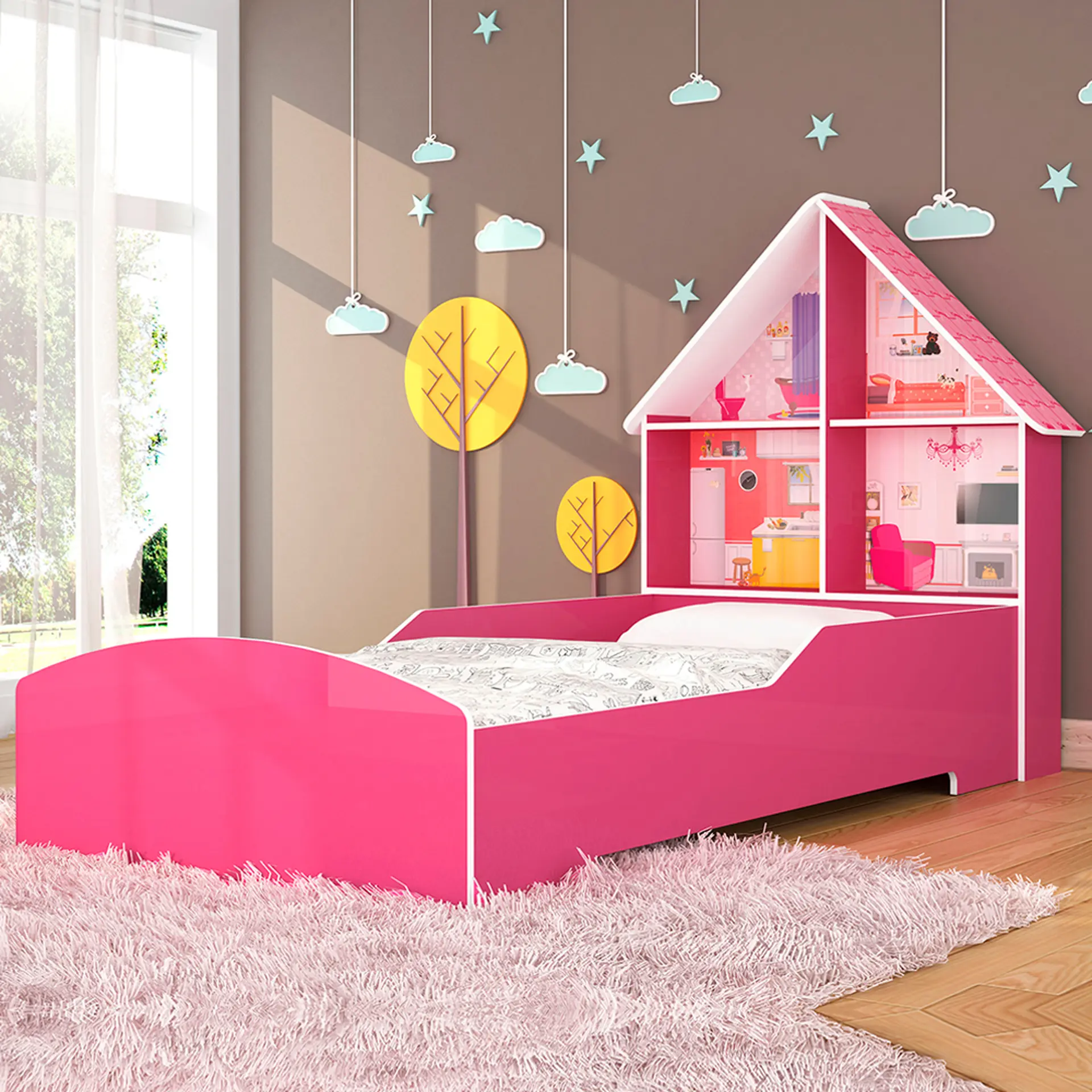 Mini-cama Infatil Casinha Gelius Proteção Lateral e Cabeceira Casinha - Pink
