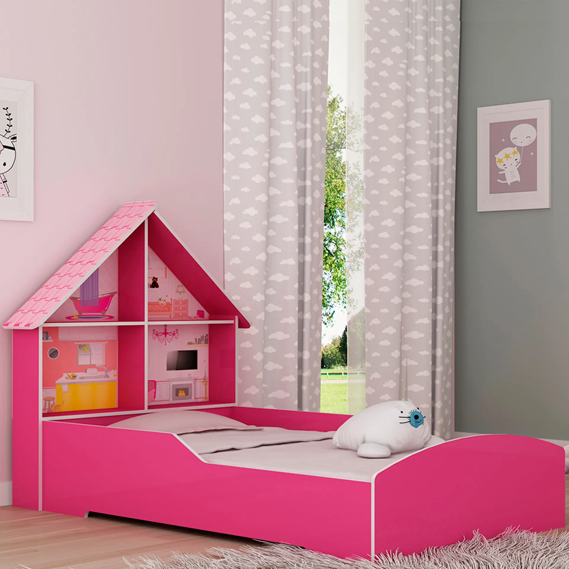 Mini-cama Infatil Casinha Gelius Proteção Lateral e Cabeceira Casinha - Pink