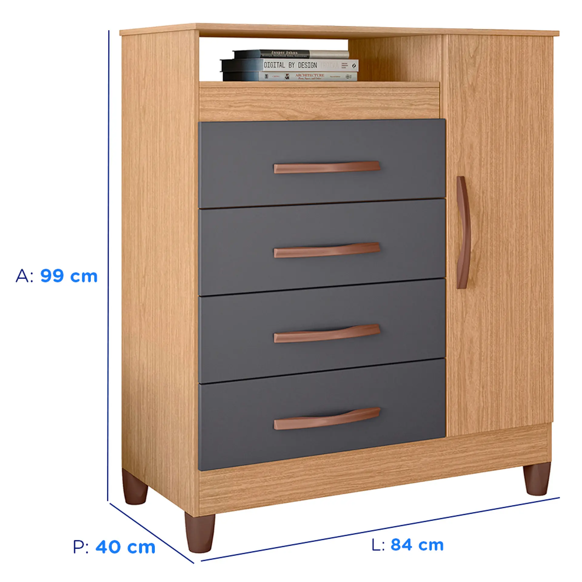 Cômoda 1 Porta Bater 4 Gavetas Turquesa Albatroz - Freijo/Titanium