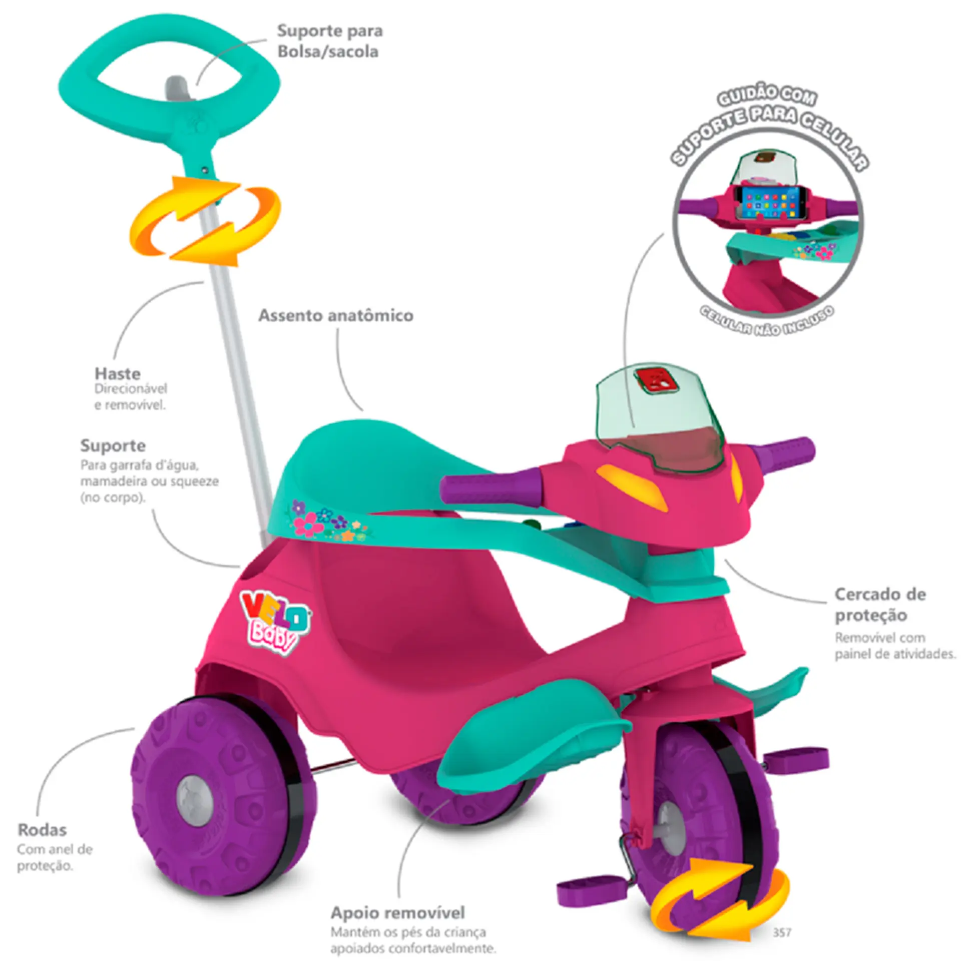Triciclo Infantil Bandeirante Velobaby de Pedal com Empurrador - Rosa