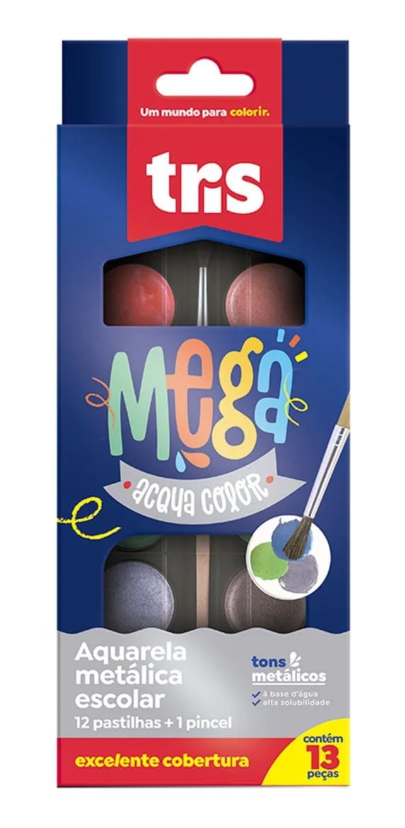 Aquarela Escolar TRIS Mega Metálicas 12 Cores