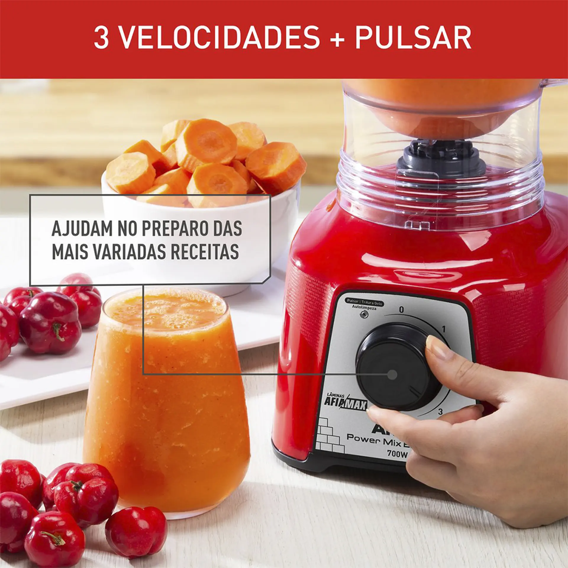 Liquidificador Arno Power Mix Essential 2,4L 700W 3 Velocidades LQ18/19 - Vermelho - 220 Volts