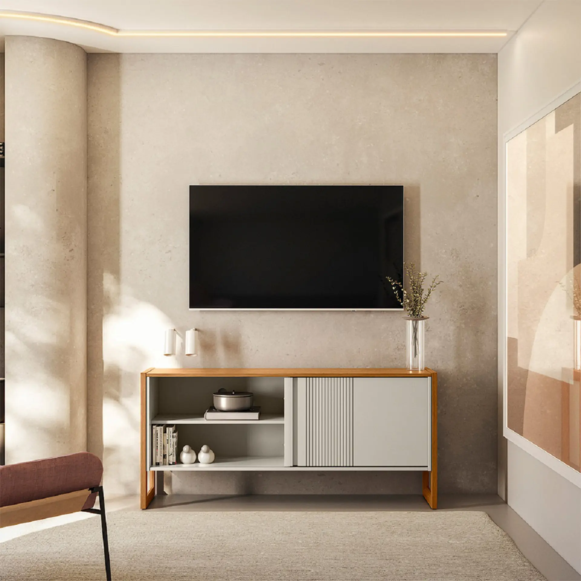 Rack para TV até 55" 1 Porta de Correr Gold Linea Brasil - Nature/Off White