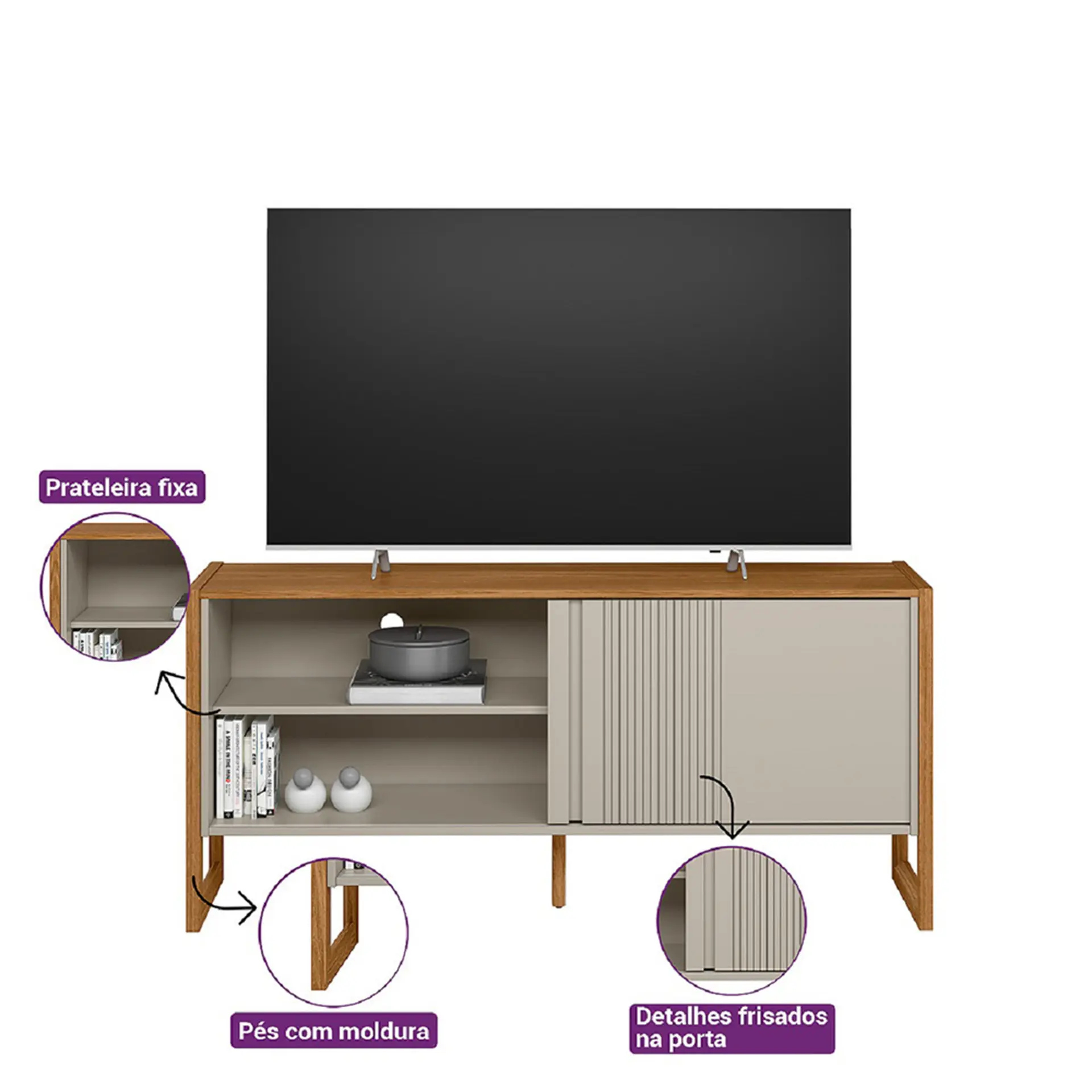 Rack para TV até 55" 1 Porta de Correr Gold Linea Brasil - Nature/Off White