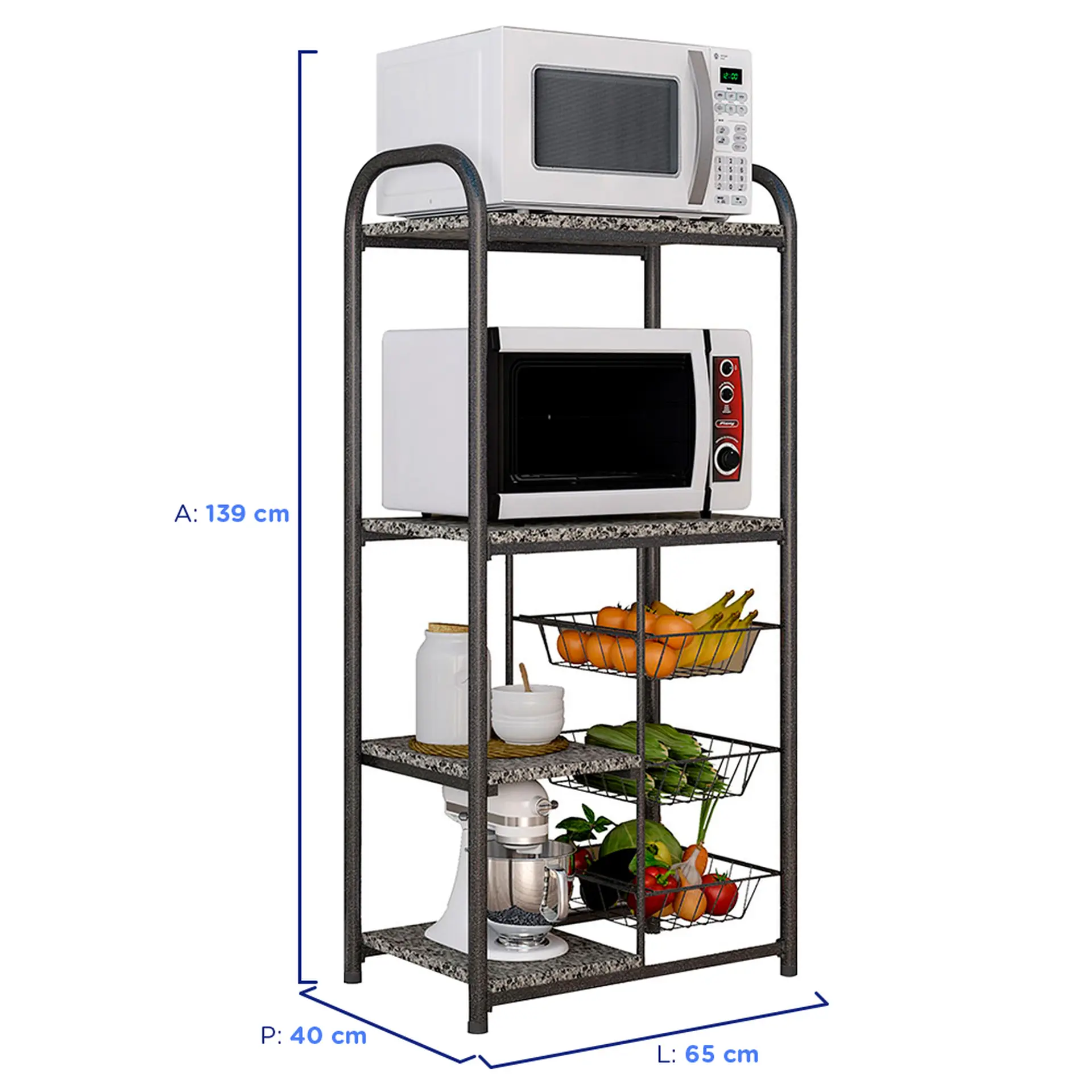 Balcão Fruteira Multiuso Aço com Tampos de Granito 44cm Dallas Fabone - Preto/Prata