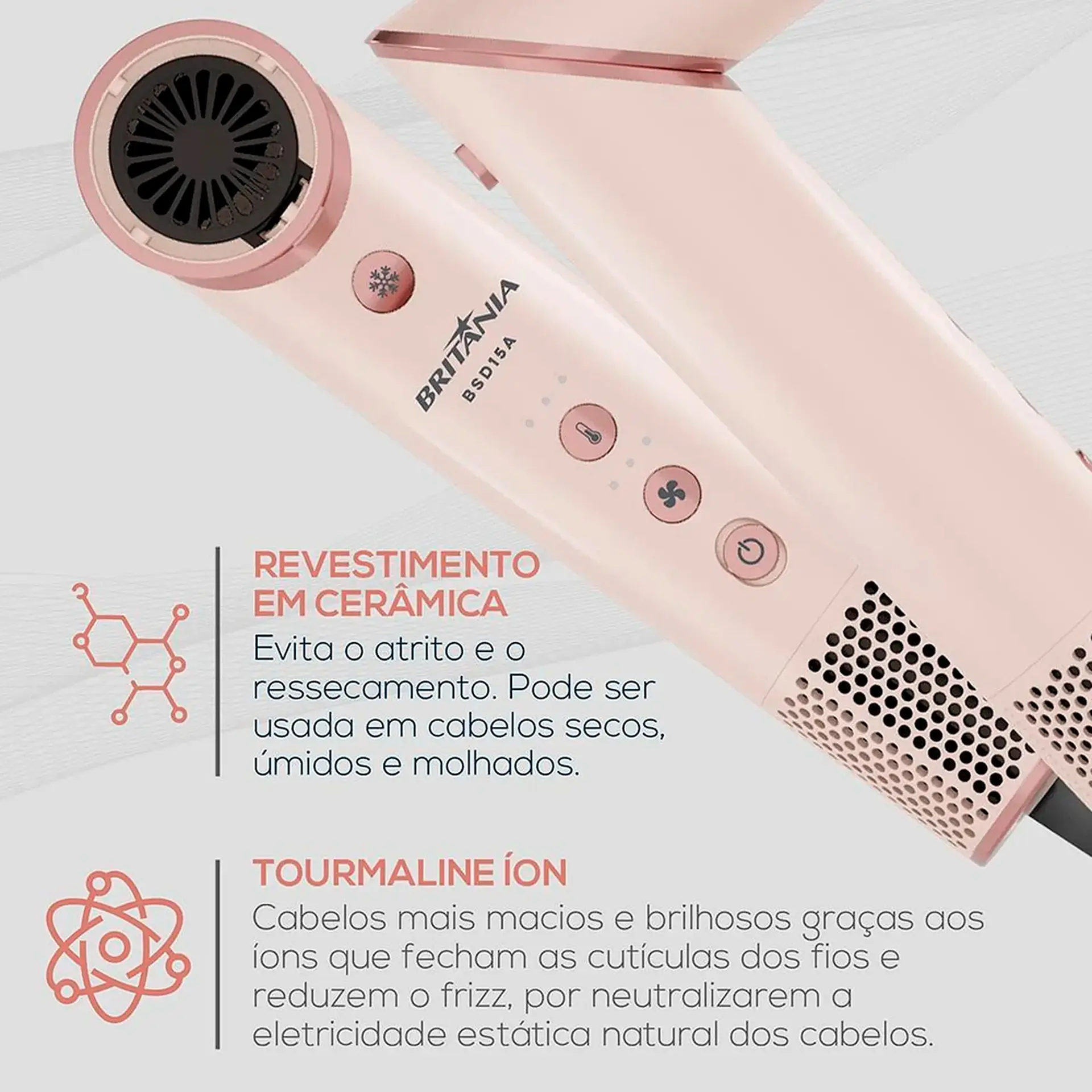 Secador de Cabelo Britânia BSD15A Tourmaline Íon 1450W - Rosa - 110 Volts