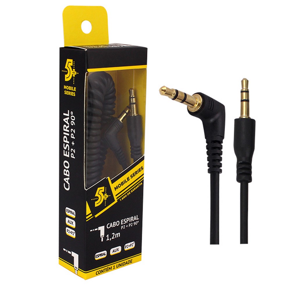 Cabo P2  5+ P2 Macho P2 Macho Estéreo Espiral 1,2m Gold Preto 0180421