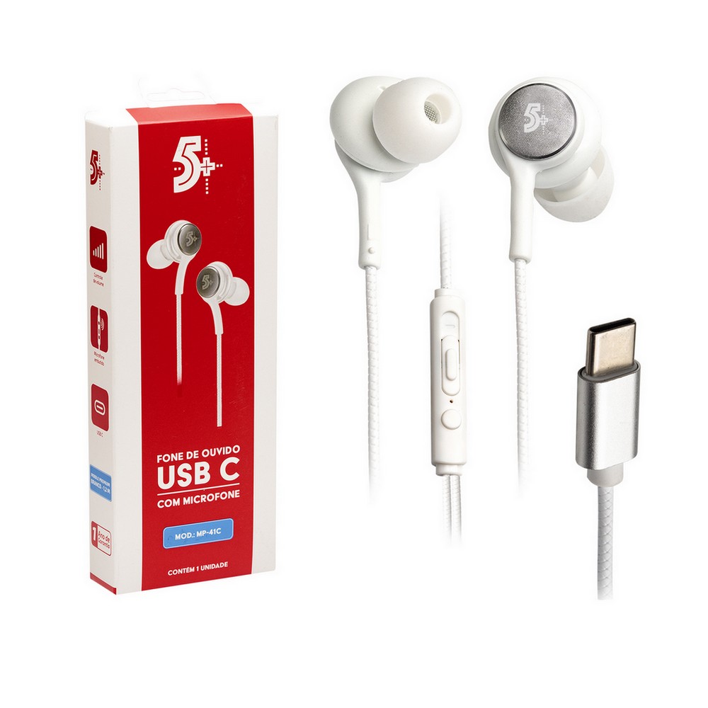 Fone de Ouvido Auricular com Microfone Plug USB-C Branco 5+ 0430041